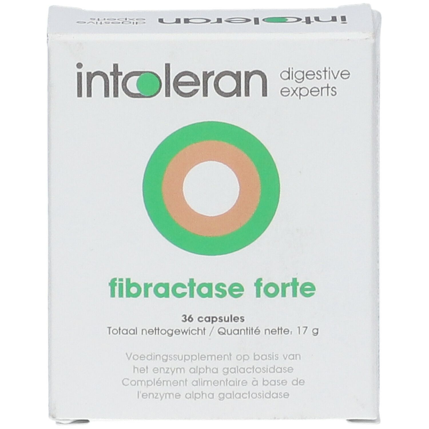 Witte doos met groen en oranje logo. Opschrift: fibractase forte, 36 capsules.