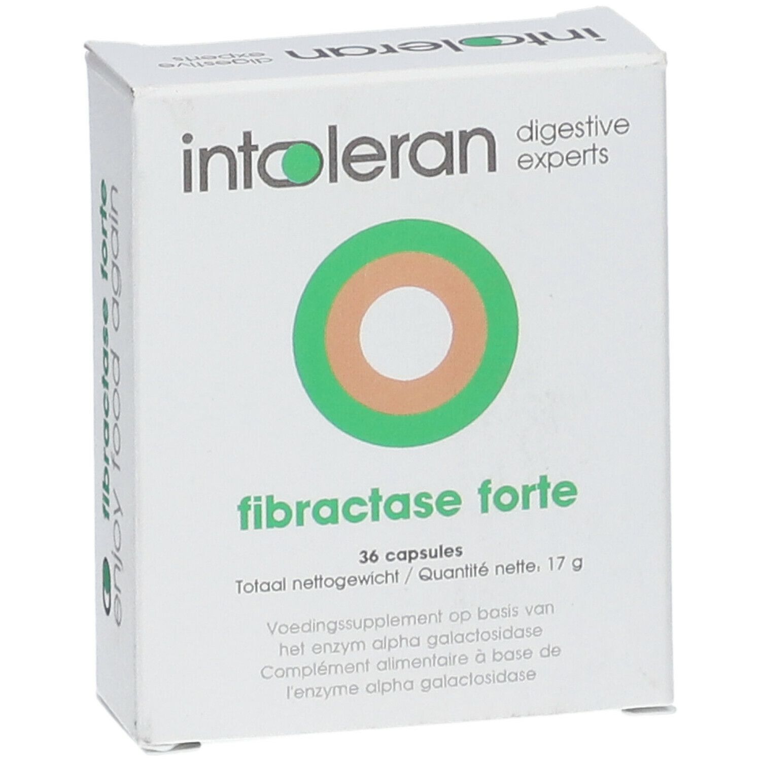 Witte doos met groen en oranje logo. Opschrift: fibractase forte, 36 capsules.