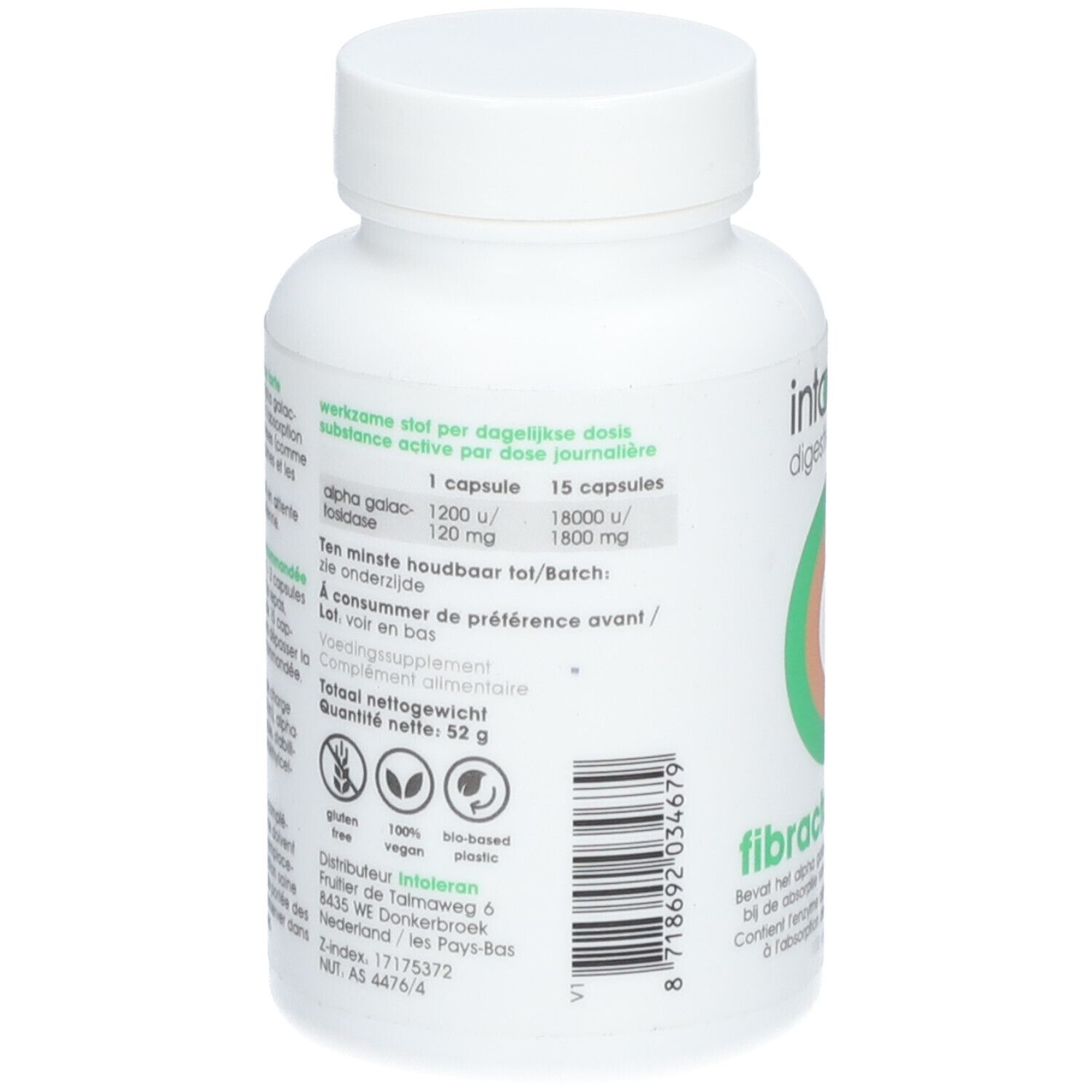 Achterkant van de witte fles. Informatie over ingrediënten, dosering en houdbaarheid. Glutenvrij, vegan.