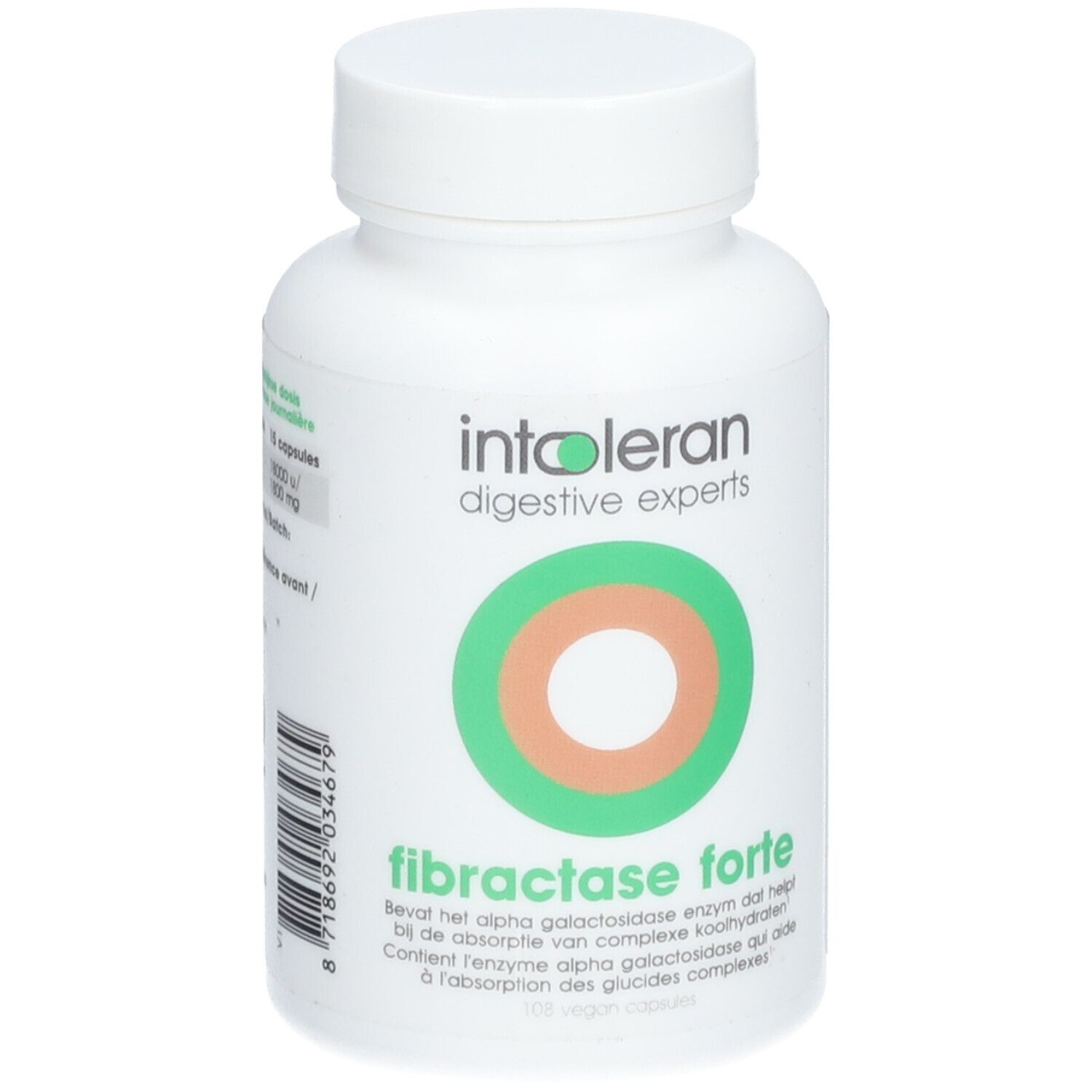 Witte fles met groen-oranje cirkellogo. Opschrift: Intoleran, Fibractase Forte. Vegan-zegel.