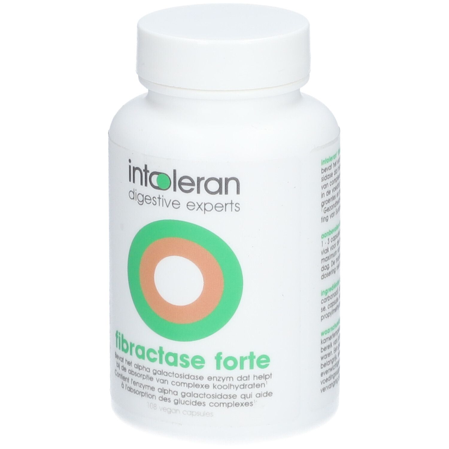 Witte fles met groen-oranje cirkellogo. Opschrift: Intoleran, Fibractase Forte. Vegan-zegel.