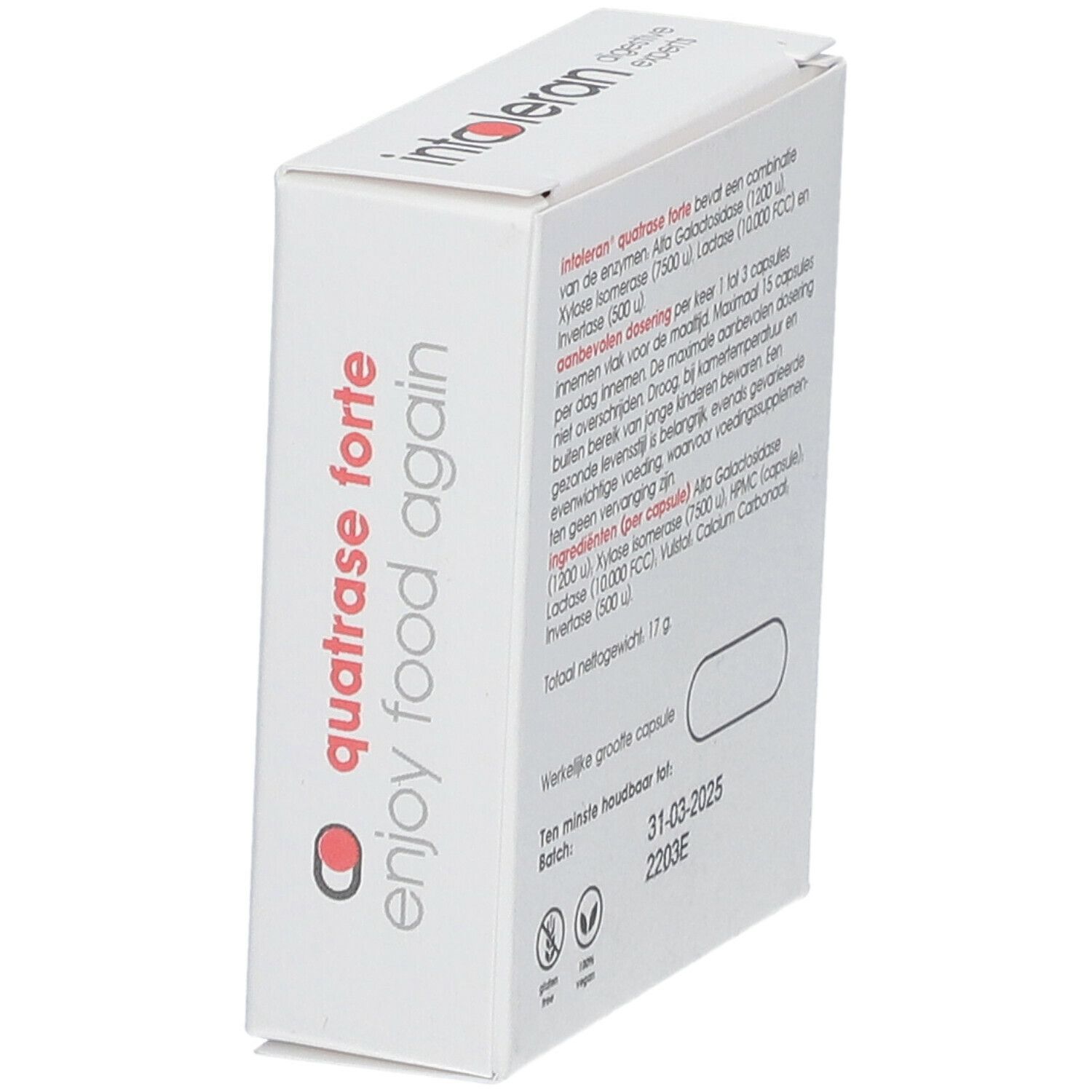 Boîte blanche avec texte et logo. Informations sur le produit et ingrédients. Date de péremption : 31-03-2025.