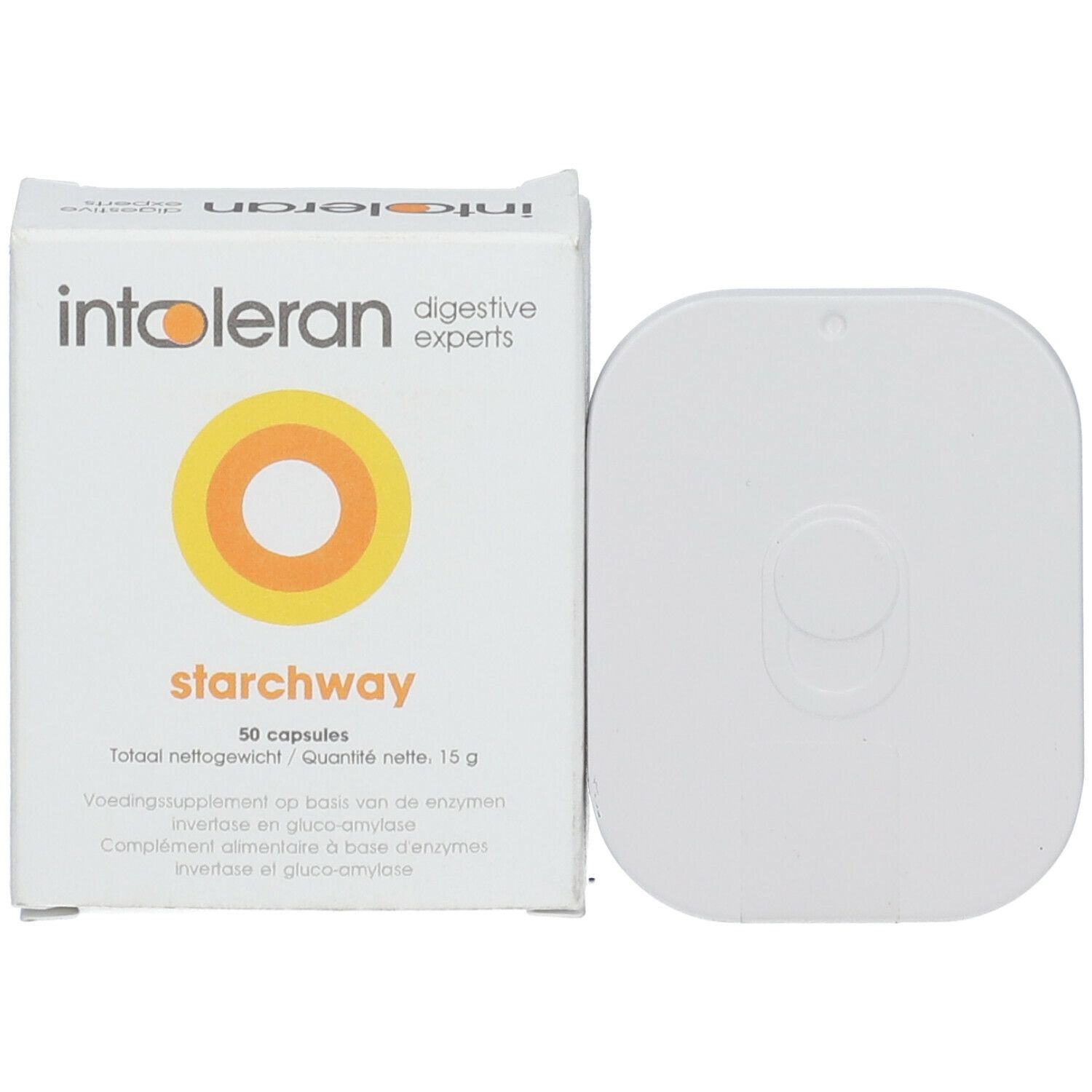 Boîte blanche et récipient carré. Sur la boîte: intoleran, starchway, 50 capsules, design cercle jaune.