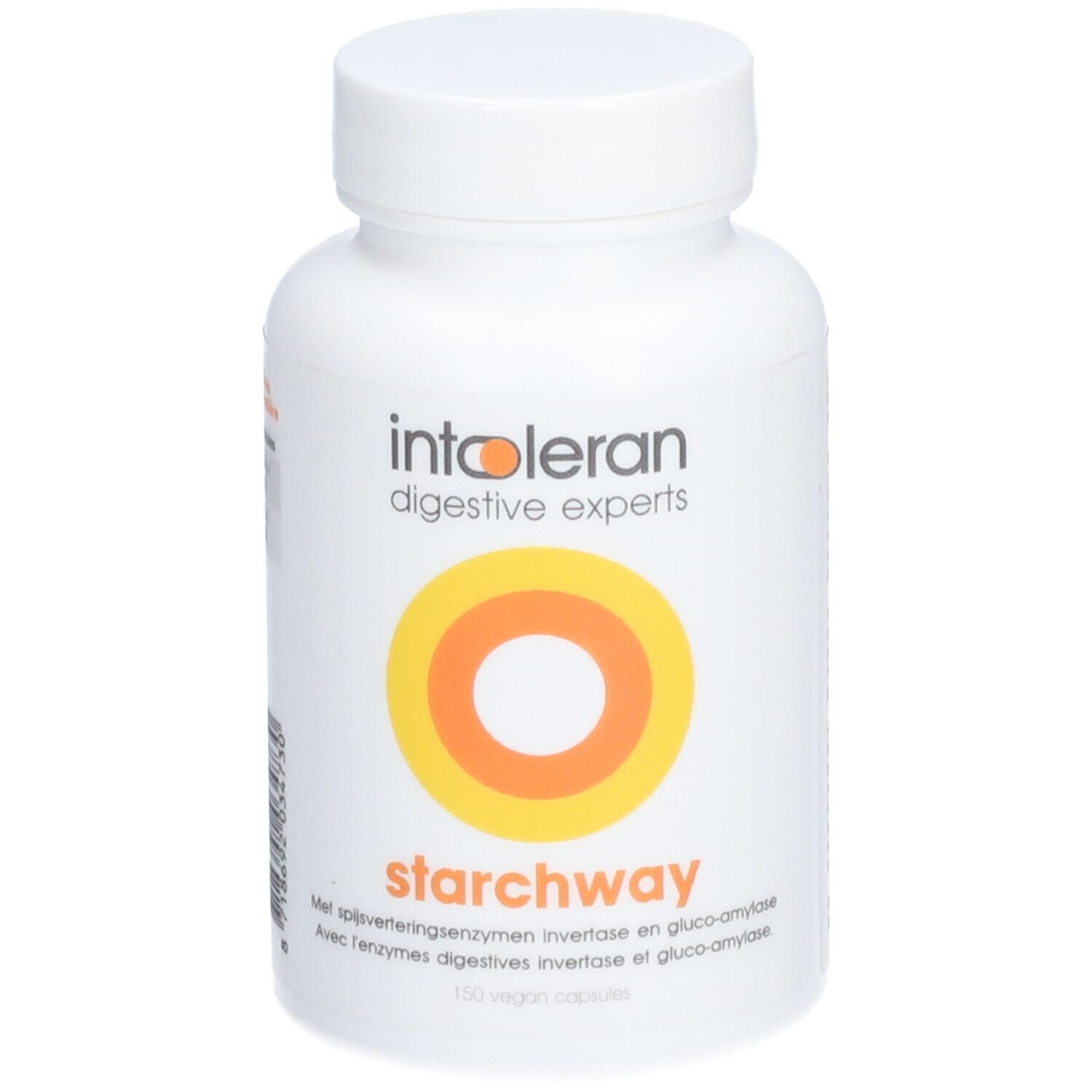 Weiße Flasche mit "intoleran digestive experts" und "starchway" Aufdruck. Gelb-orangefarbenes Kreismotiv. 150 vegane Kapseln.