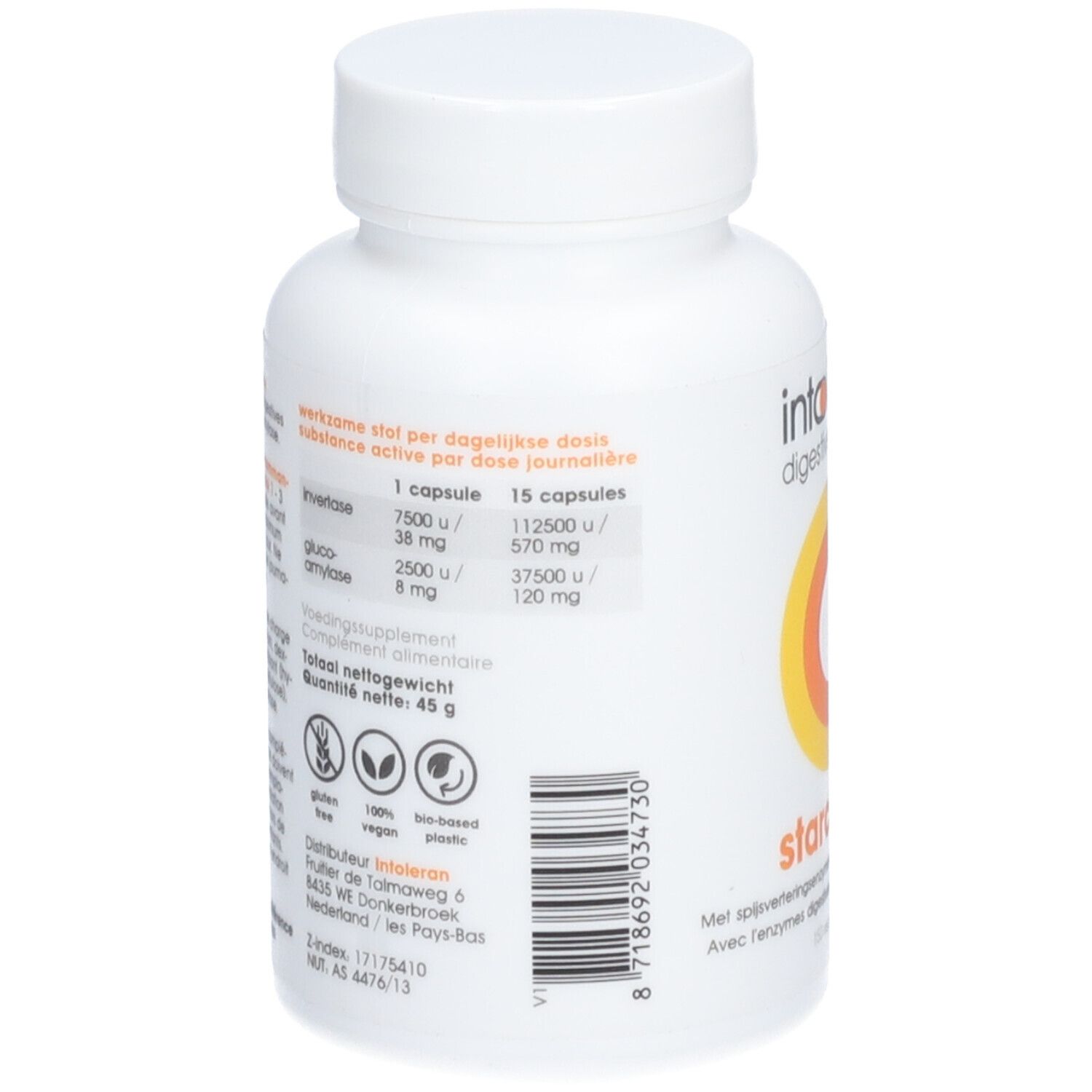 Rückseite der weißen Flasche. Enthält Informationen zu Inhaltsstoffen und Nährwerten. Logo für glutenfrei, vegan und bio-basierten Kunststoff.