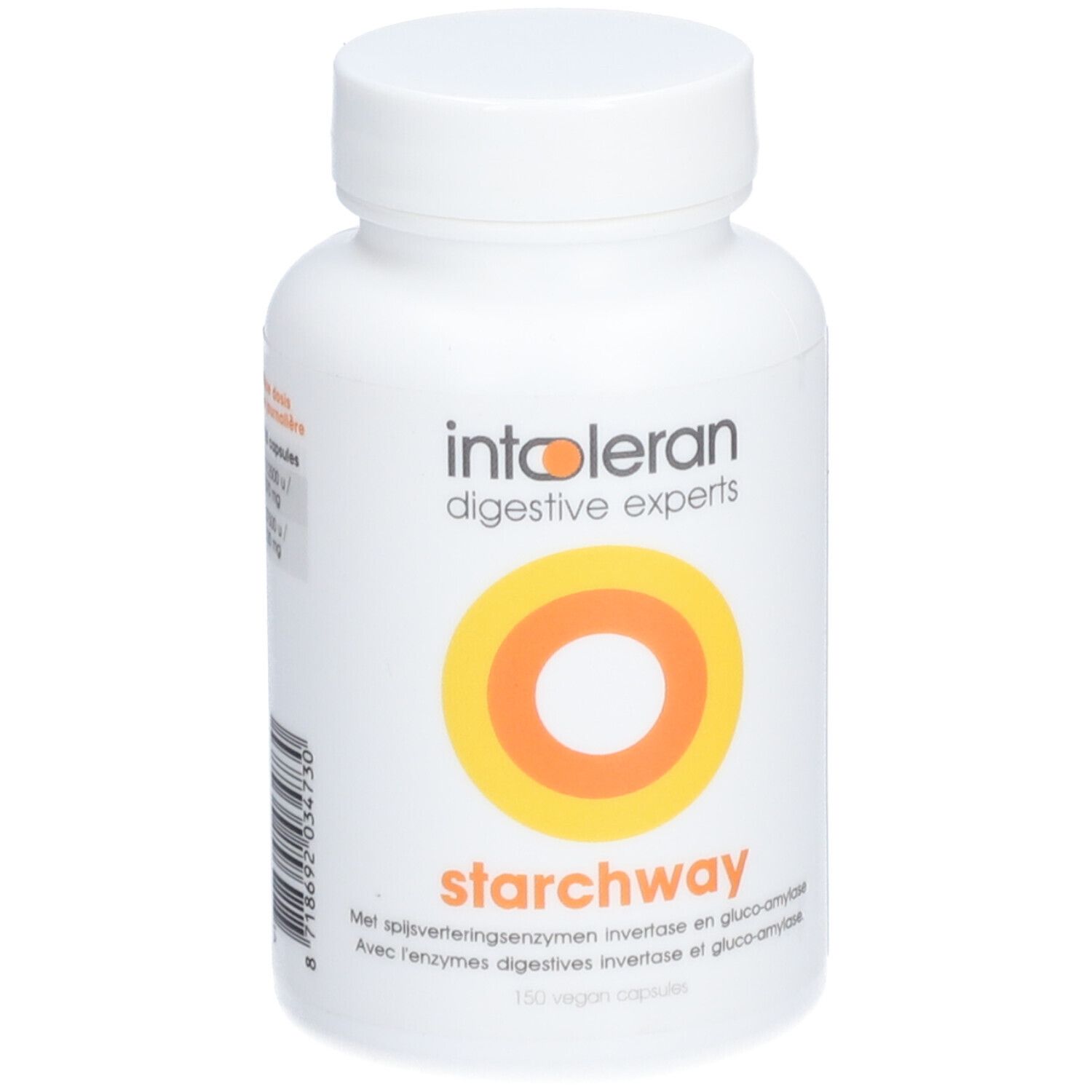 Weiße Flasche mit "intoleran digestive experts" und "starchway" Aufdruck. Gelb-orangefarbenes Kreismotiv. 150 vegane Kapseln.