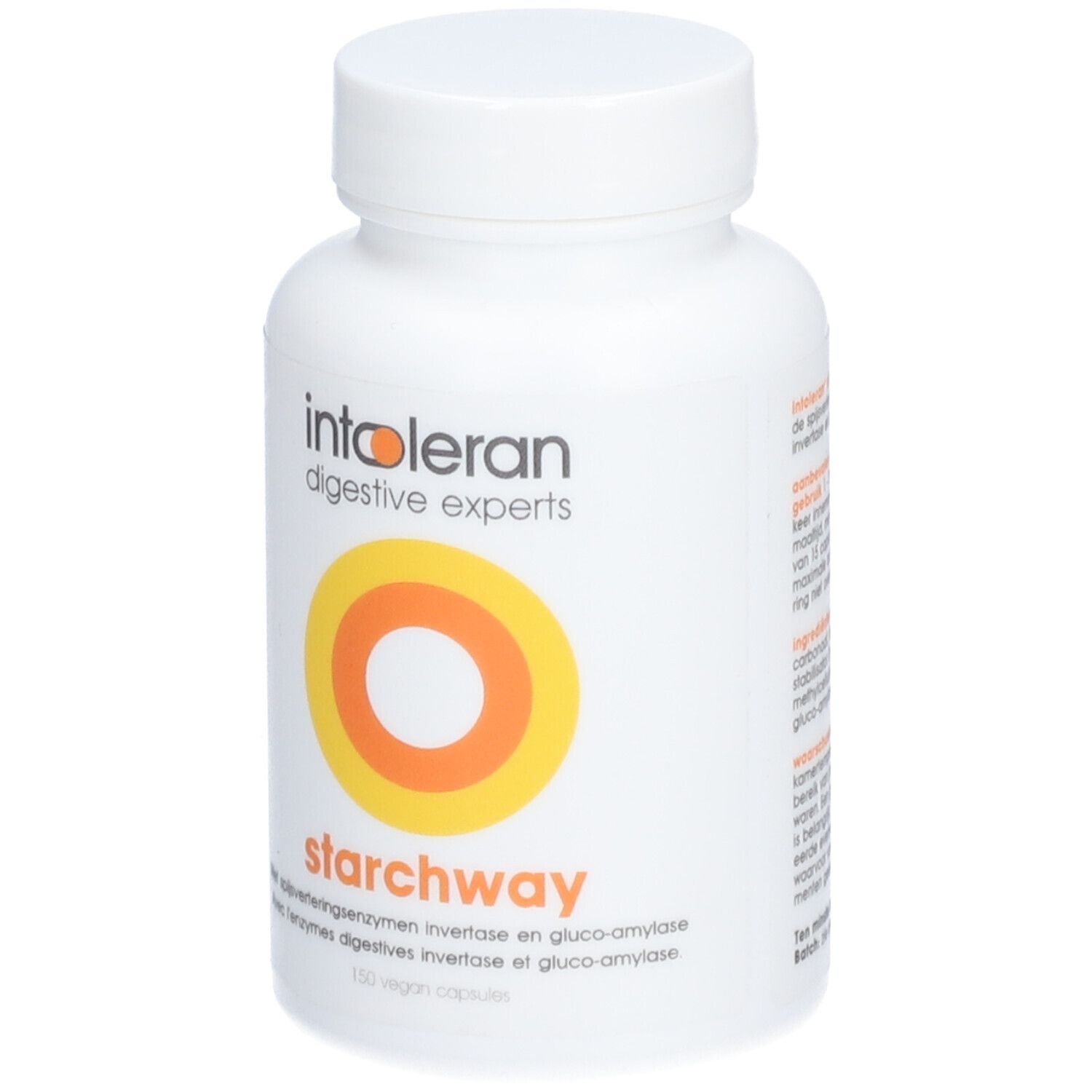 Weiße Flasche mit "intoleran digestive experts" und "starchway" Aufdruck. Gelb-orangefarbenes Kreismotiv. 150 vegane Kapseln.