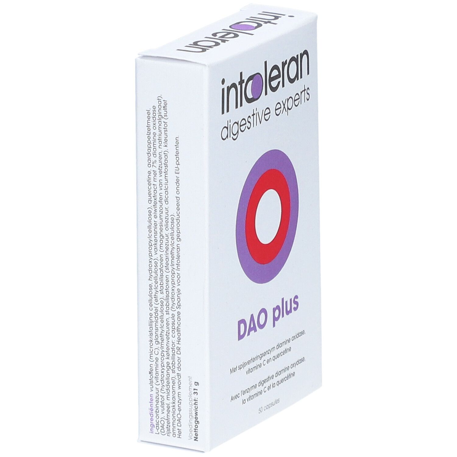 Weißer Karton mit Produktnamen und Logo. Aufschrift: DAO plus. Enthält 50 Kapseln.
