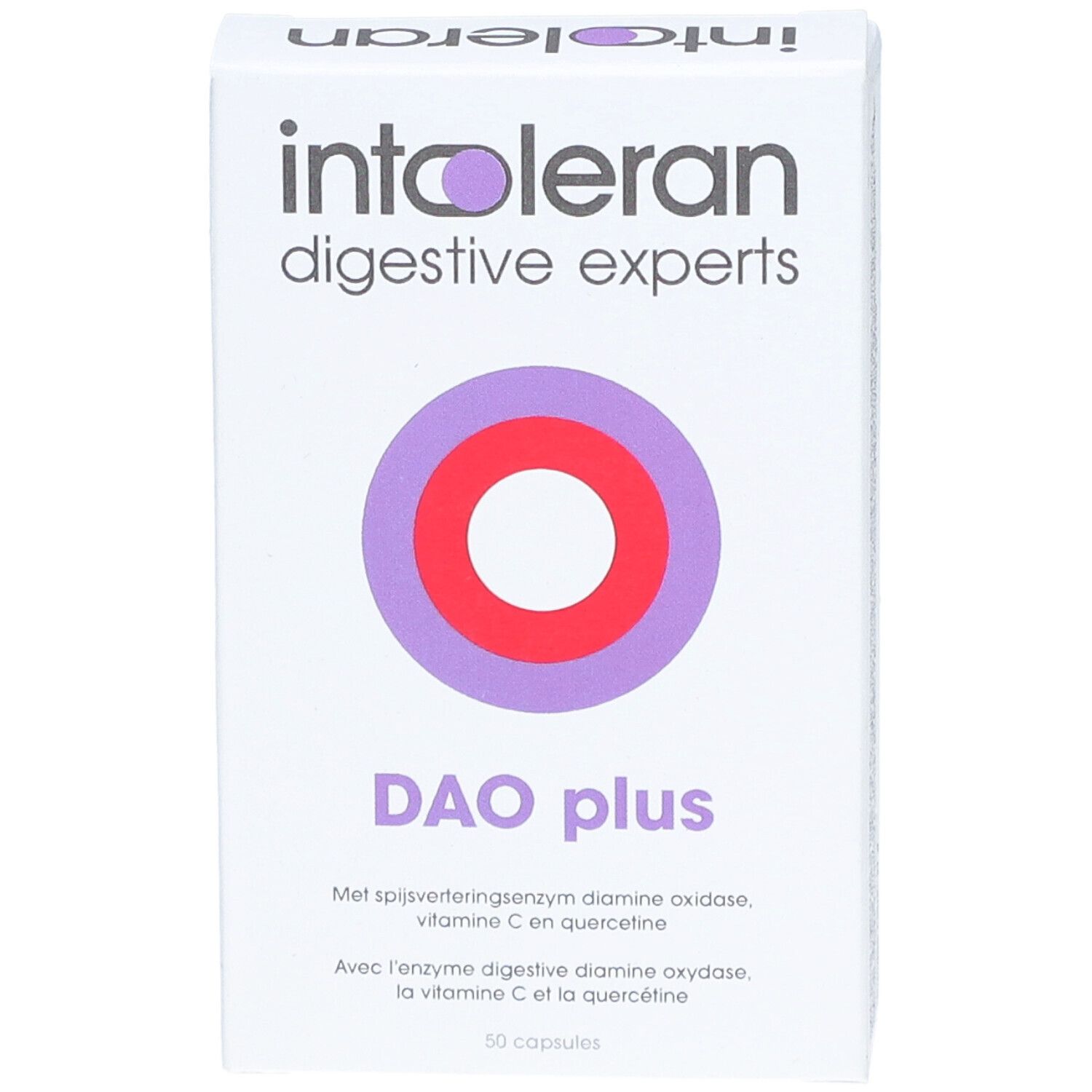 Weißer Karton mit Produktnamen und Logo. Aufschrift: DAO plus. Enthält 50 Kapseln.