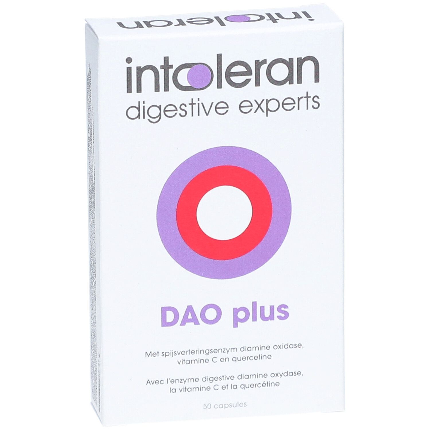 Weißer Karton mit Produktnamen und Logo. Aufschrift: DAO plus. Enthält 50 Kapseln.