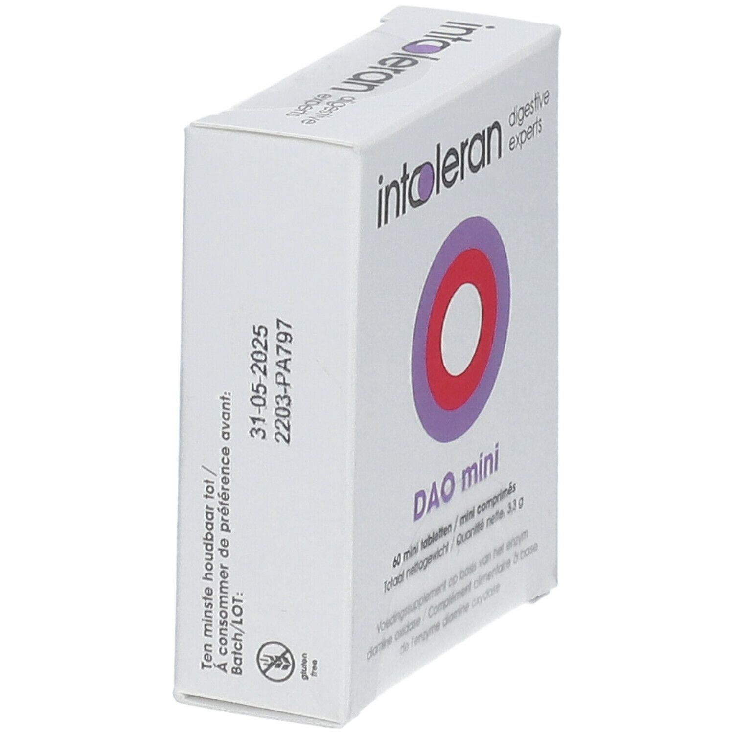 Witte doos, schuin. Opschrift: INTOLERAN DAO mini. Ten minste houdbaar tot: 31-05-2025. Batchnummer.