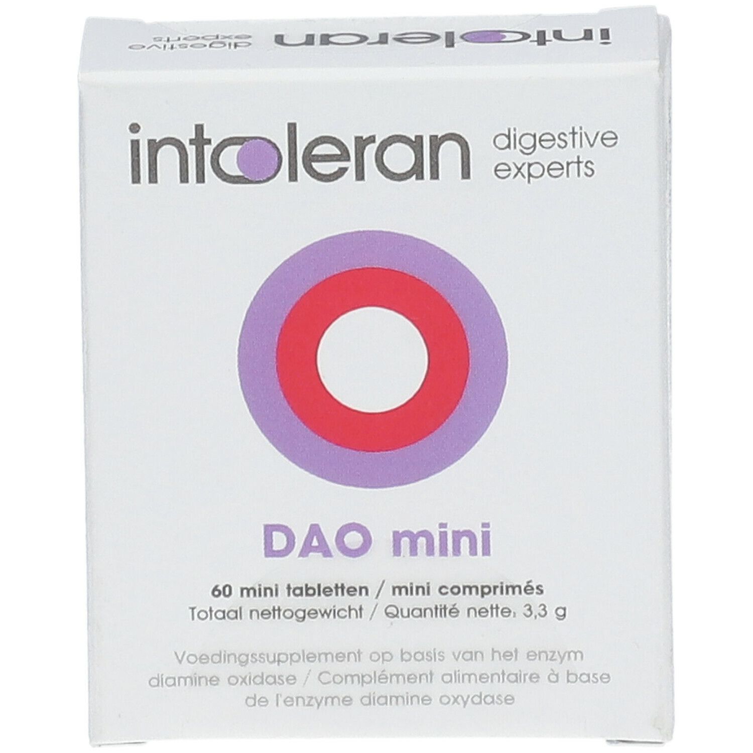Witte doos met paarse en rode cirkels. Opschrift: INTOLERAN DAO mini. 60 mini tabletten. Voedingssupplement.