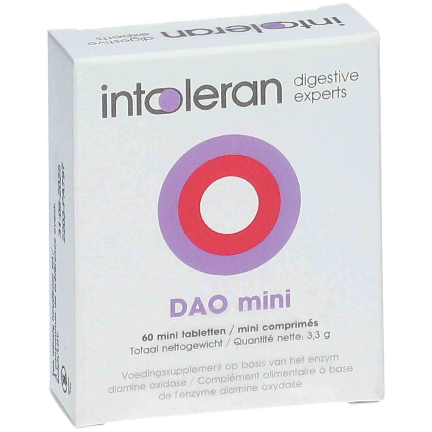 Witte doos met paarse en rode cirkels. Opschrift: INTOLERAN DAO mini. 60 mini tabletten. Voedingssupplement.