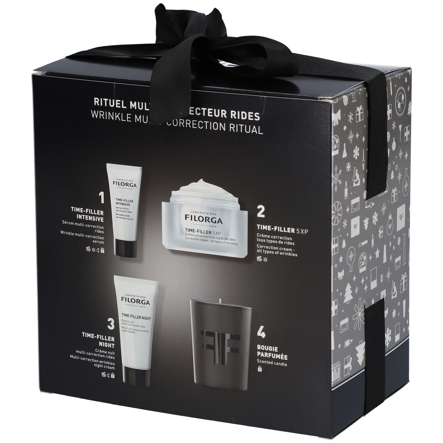 Coffret cadeau avec produits. Contient crèmes, sérum et bougie. Logo Filorga et Time-Filler. Texte: 'Rituel Correction'.