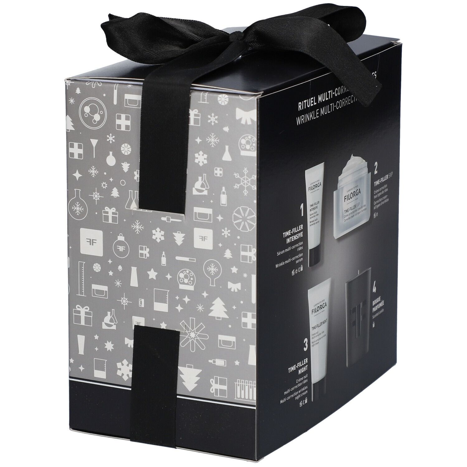 Coffret cadeau avec produits. Verso avec produits, logo Filorga et Time-Filler. Texte: 'Rituel Multi-Correction'.