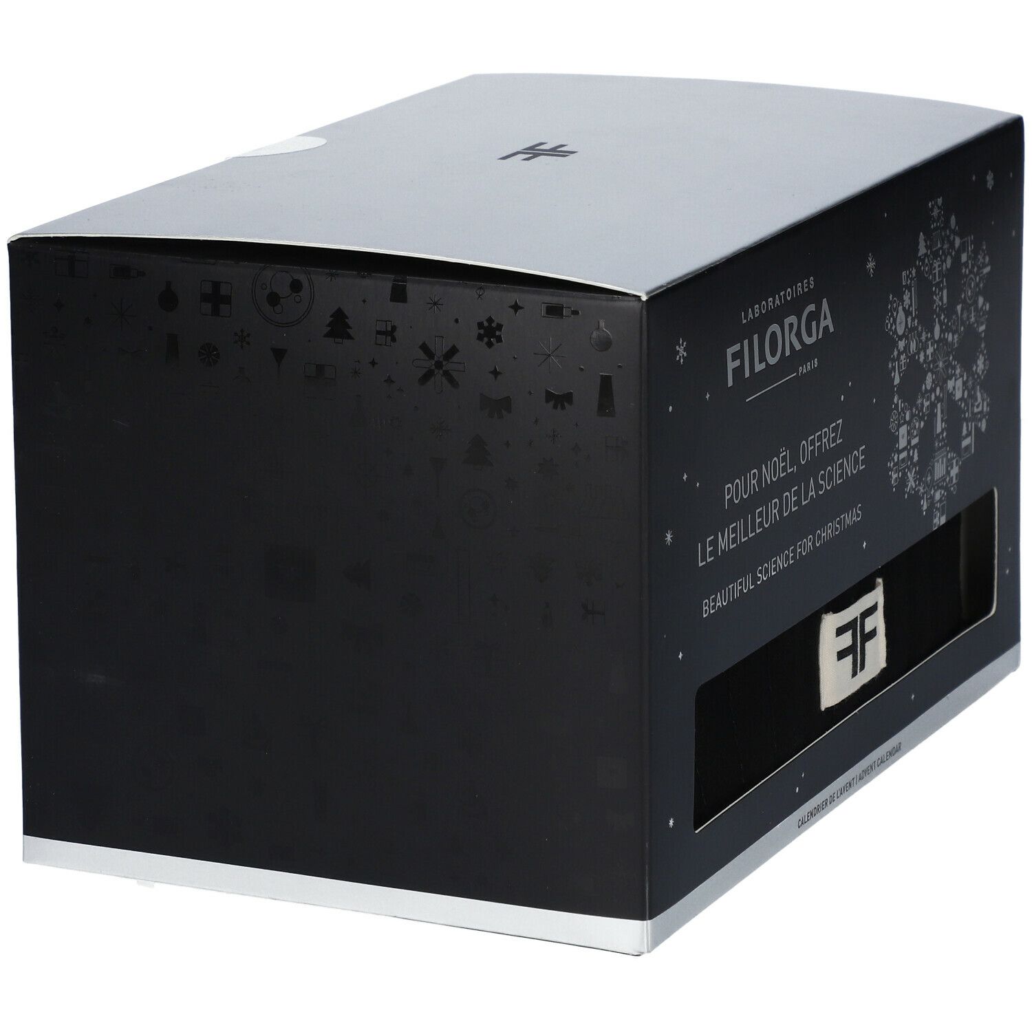 Coffret noir avec couvercle argenté. Inscription "Filorga" et "Pour Noel, offrez le meilleur de la science" sur le devant.