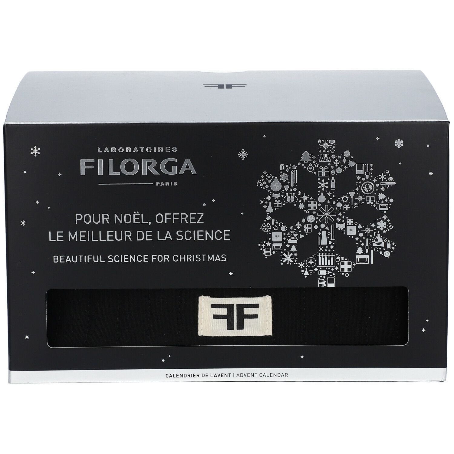 Coffret avec logo "Filorga" et texte. Fenêtre avec logo "FF". "Calendrier de l'Avent" en dessous.
