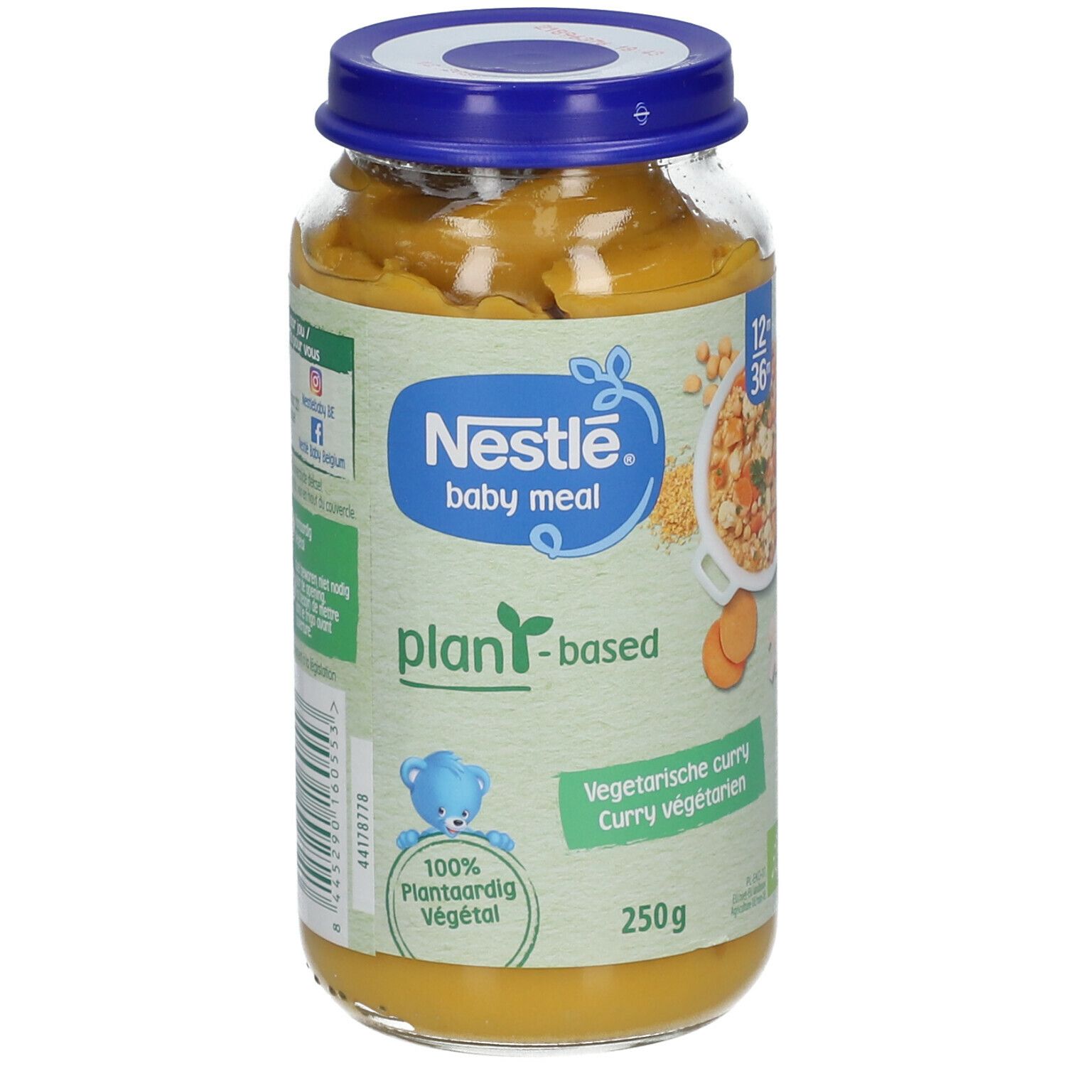 Pot de Nestlé Baby Meal, curry végétal. Étiquette avec informations et logo. 250g. Couvercle bleu.