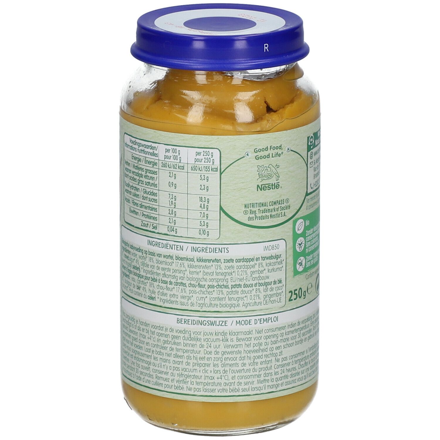 Dos du pot Nestlé Baby Meal. Informations nutritionnelles et liste des ingrédients. 250g. Couvercle bleu.