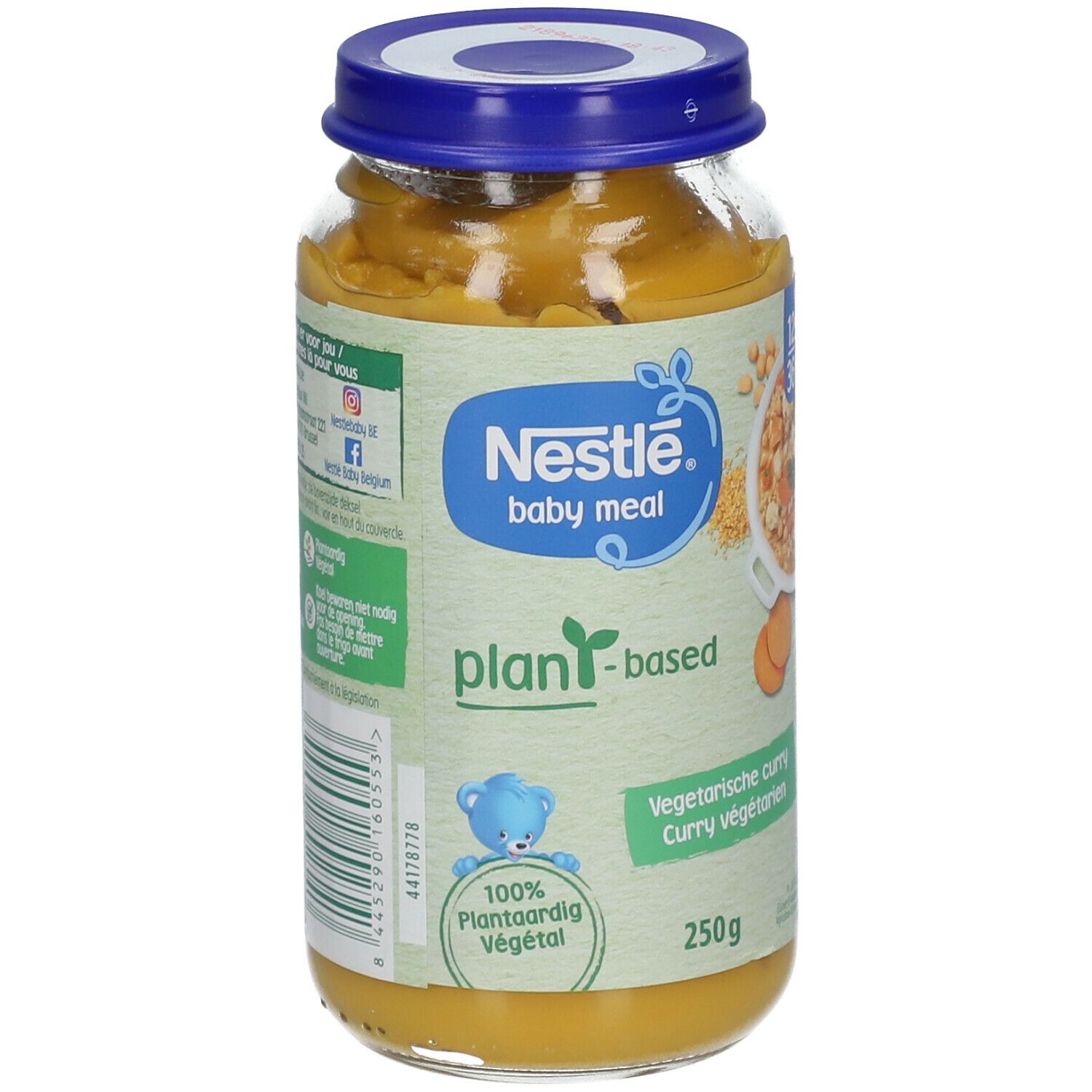 Pot de Nestlé Baby Meal, curry végétal. Étiquette avec informations et logo. 250g. Couvercle bleu.