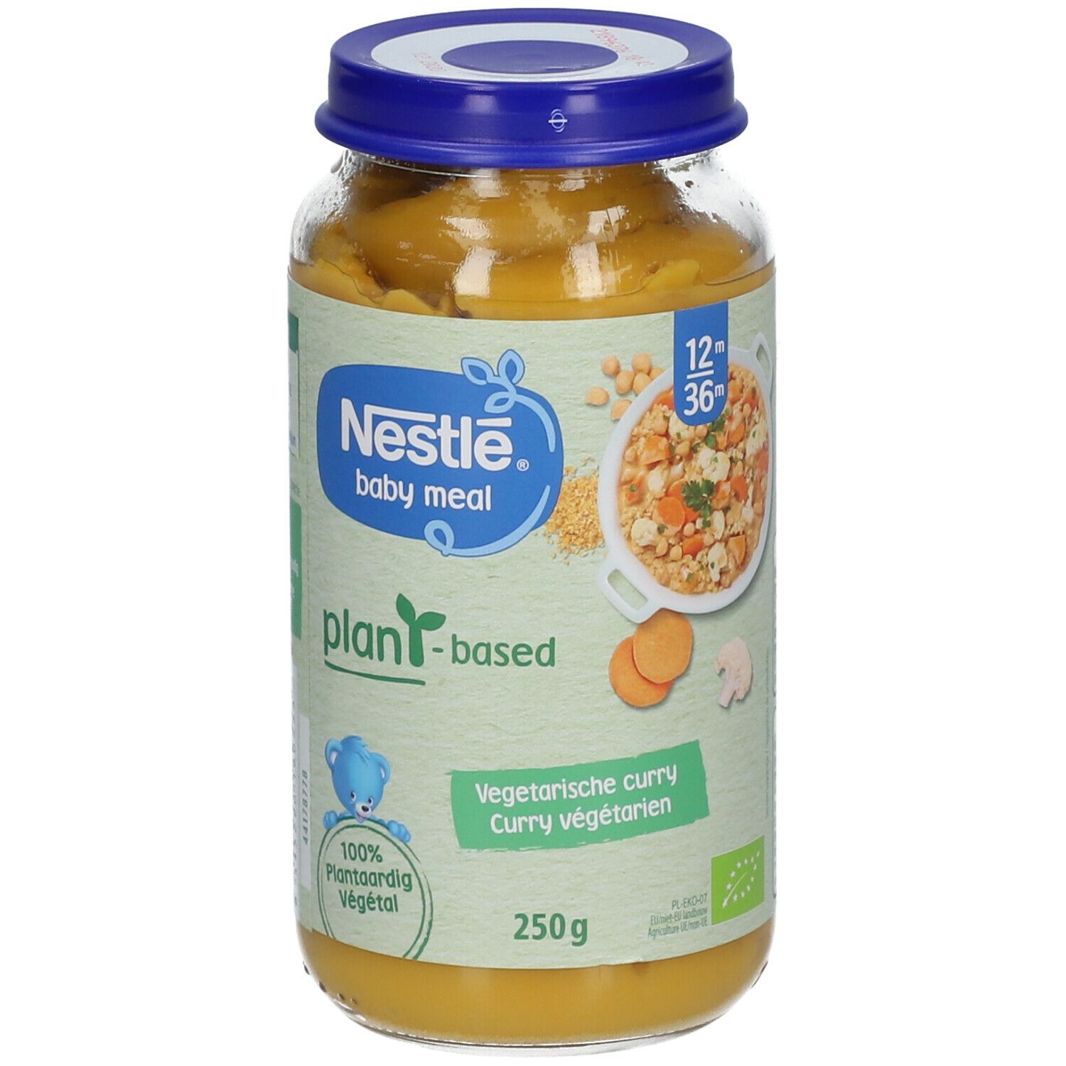 Pot de Nestlé Baby Meal, curry végétal. Étiquette avec informations et logo. 250g. Couvercle bleu.