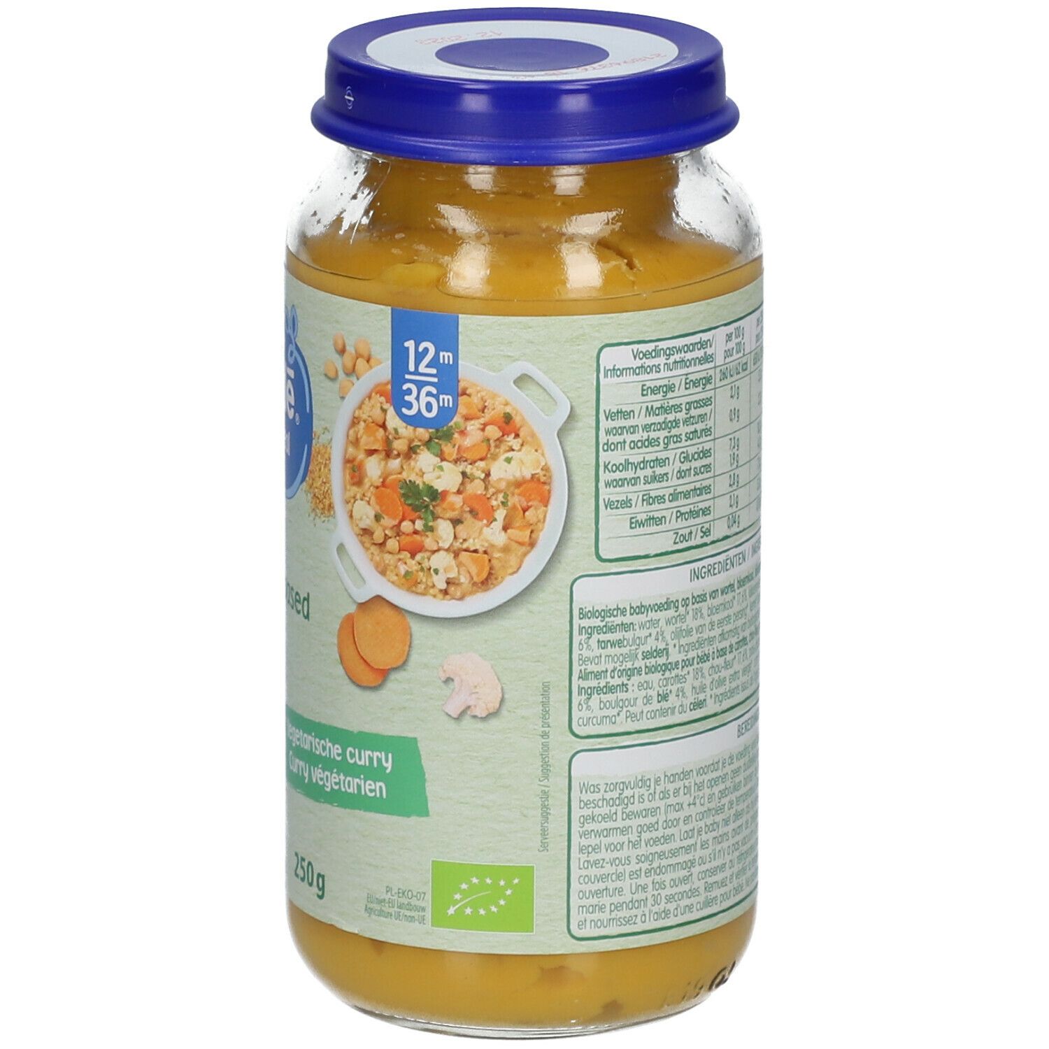 Dos du pot Nestlé Baby Meal. Informations nutritionnelles et liste des ingrédients. 250g. Couvercle bleu.