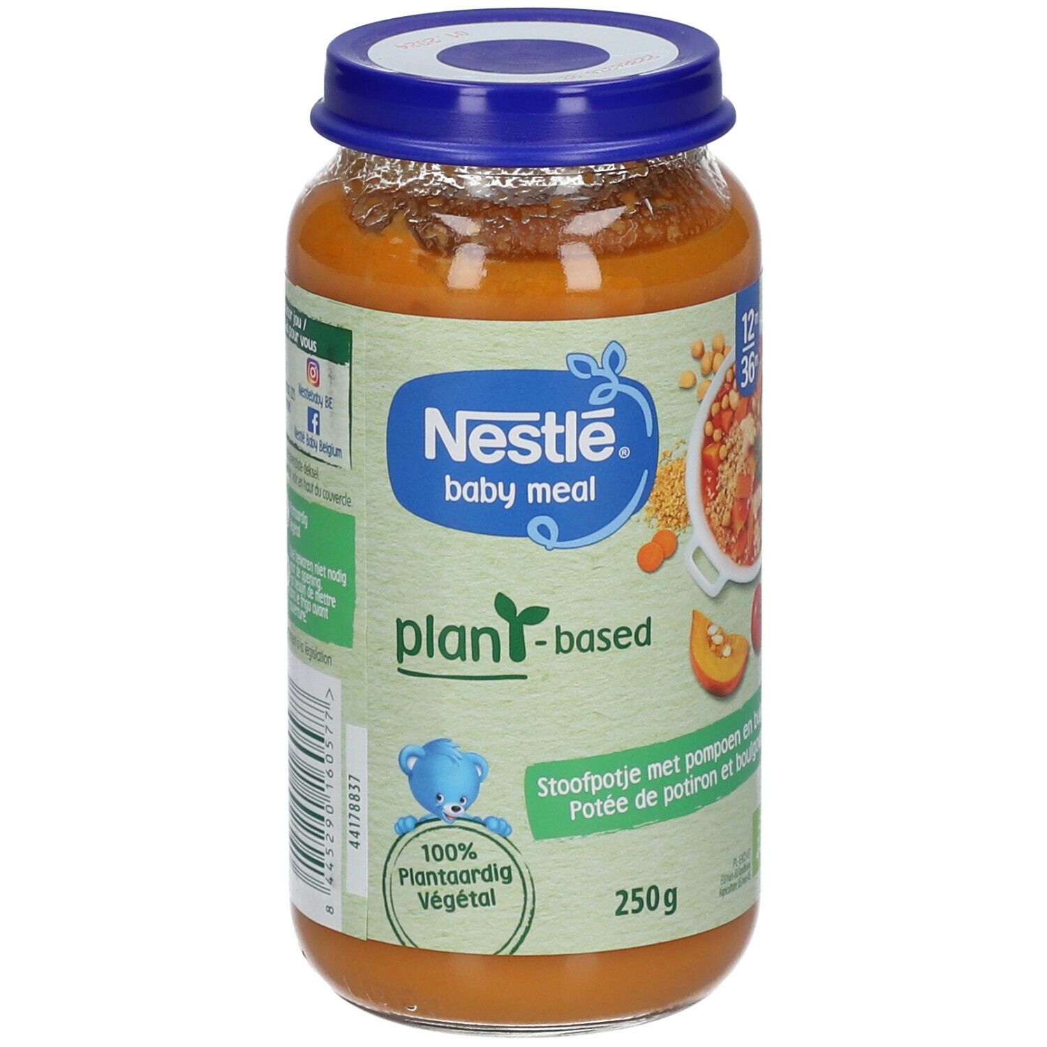 Potée de Potiron et Boulgour Bio pour bébé. Pot en verre avec couvercle bleu. Étiquette verte avec logo Nestlé Baby Meal.