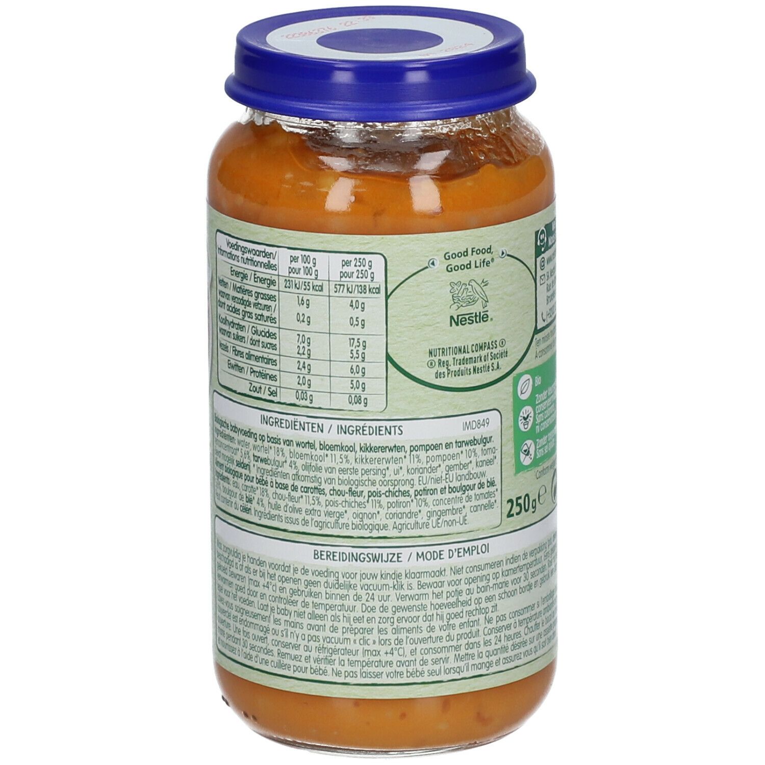 Dos du pot de Potée de Potiron et Boulgour Bio. Ingrédients, valeurs nutritionnelles et instructions d'utilisation.