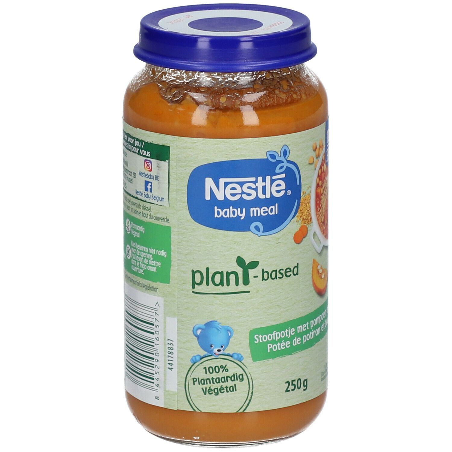 Potée de Potiron et Boulgour Bio pour bébé. Pot en verre avec couvercle bleu. Étiquette verte avec logo Nestlé Baby Meal.
