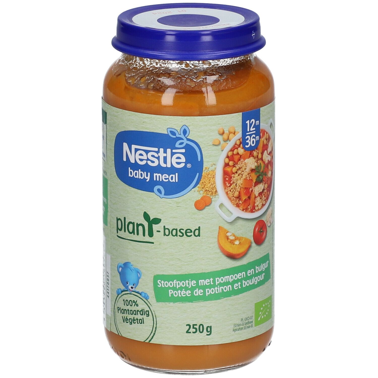 Potée de Potiron et Boulgour Bio pour bébé. Recommandé 12-36 mois. Pot en verre avec couvercle bleu.