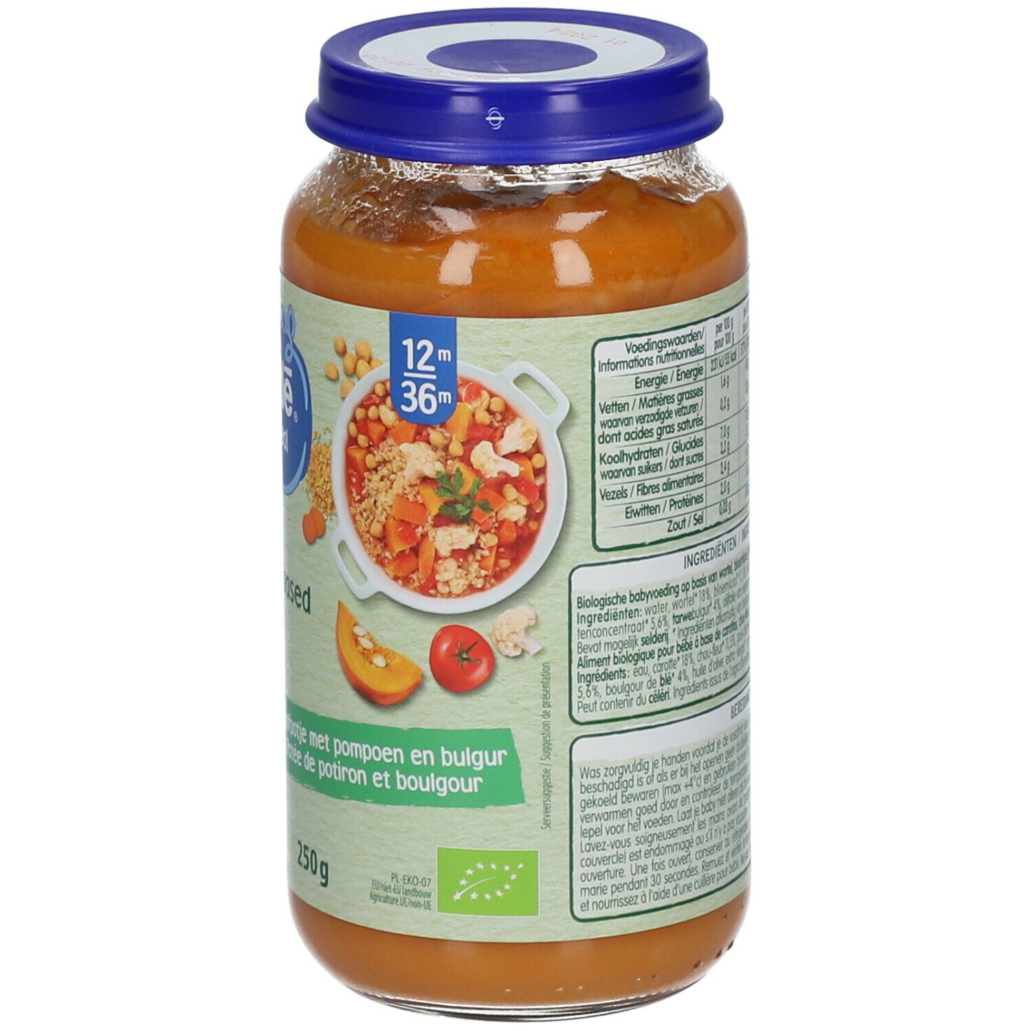 Dos du pot de Potée de Potiron et Boulgour Bio. Ingrédients, valeurs nutritionnelles et instructions d'utilisation.