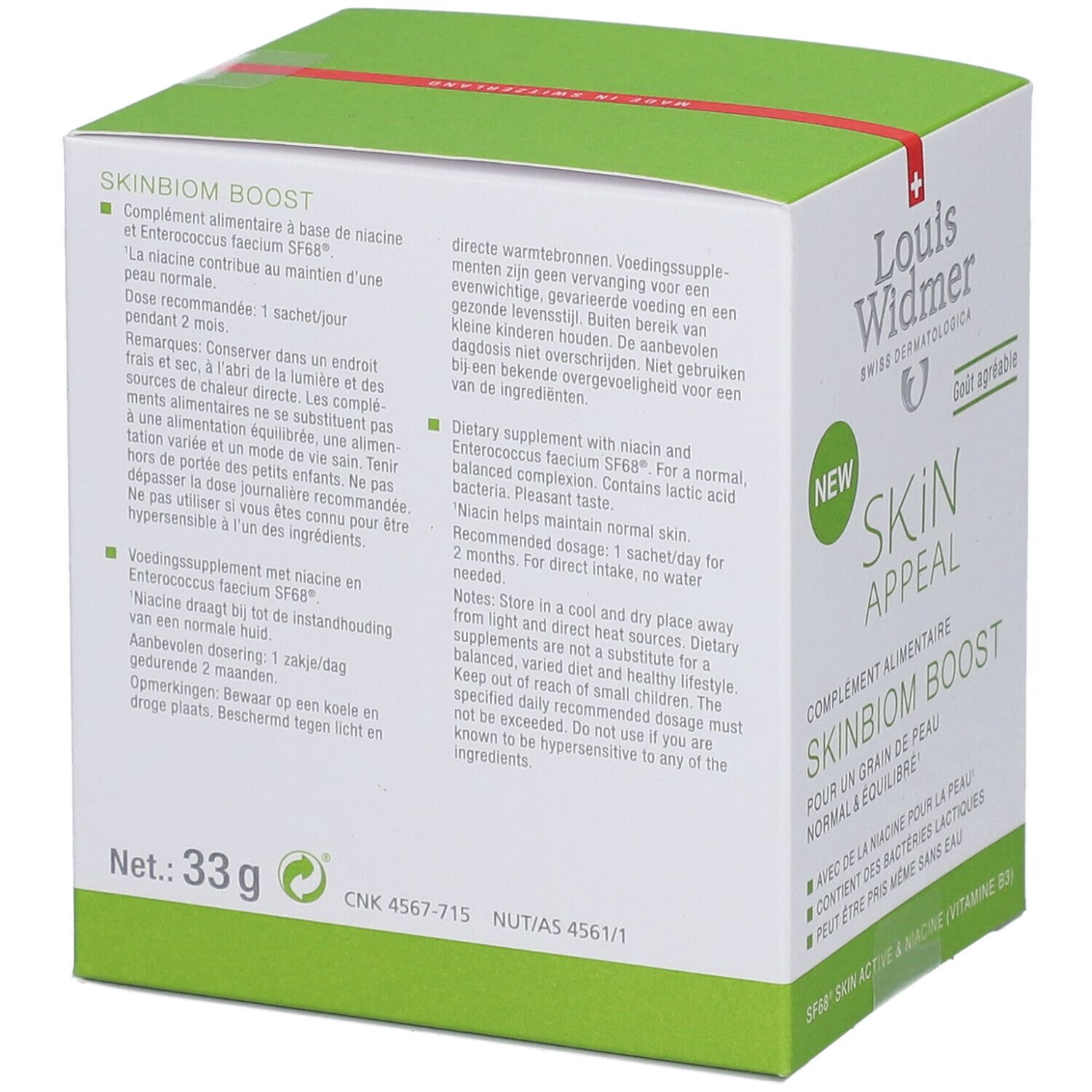 Rückseite der grünen und weißen Produktverpackung. Text: SKINBIOM BOOST. Enthält Niacin und Enterococcus faecium SF68. Vegan-Logo.