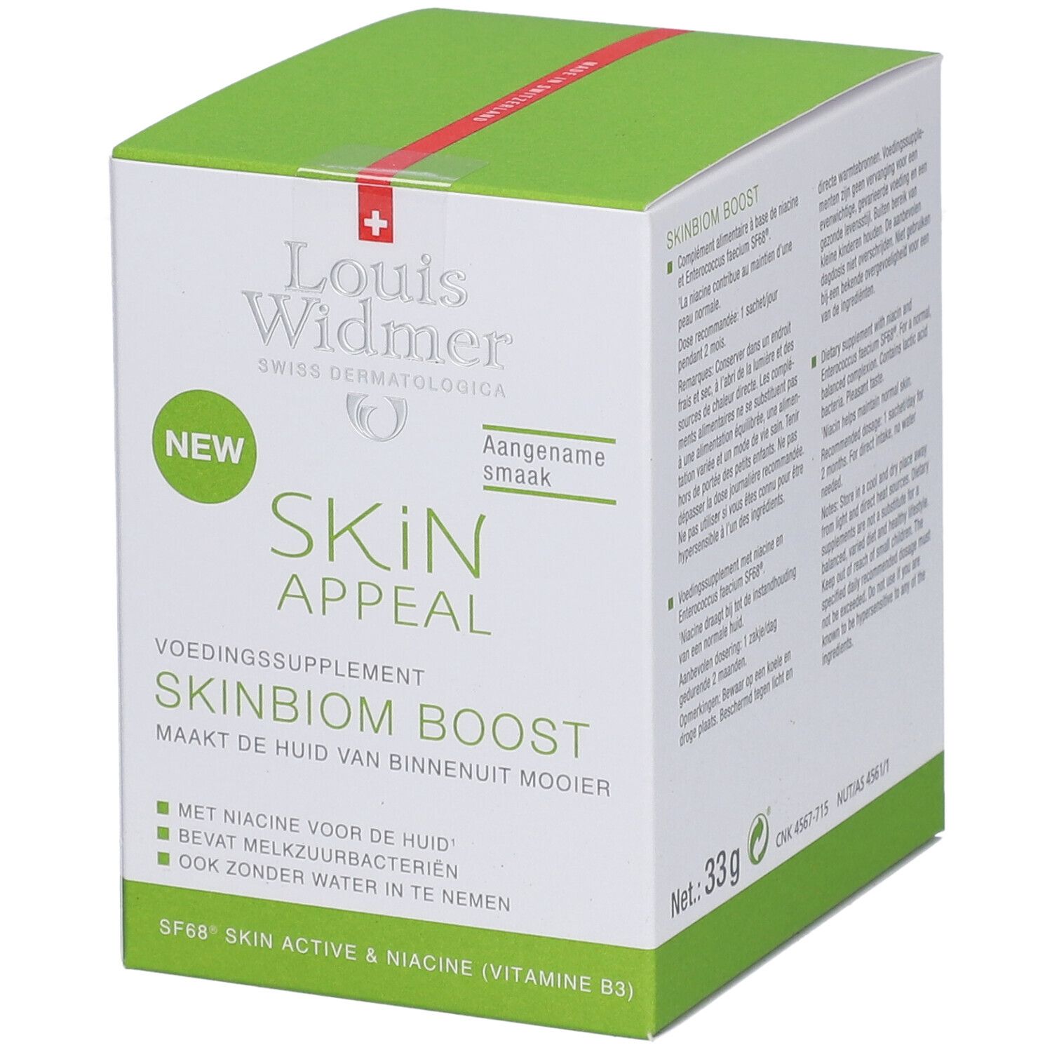 Grüne und weiße Schachtel mit Produktaufdruck. Logo: Louis Widmer. Text: SKIN APPEAL SKINBIOM BOOST. Angenehmer Geschmack. Netto: 33g.