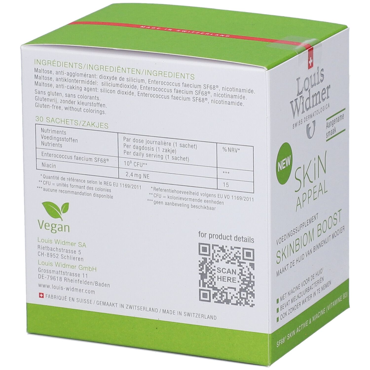 Rückseite der grünen und weißen Produktverpackung. Zutatenliste. Vegan-Logo. QR-Code. Text: SKINBIOM BOOST. 30 Sachets/Zakjes.
