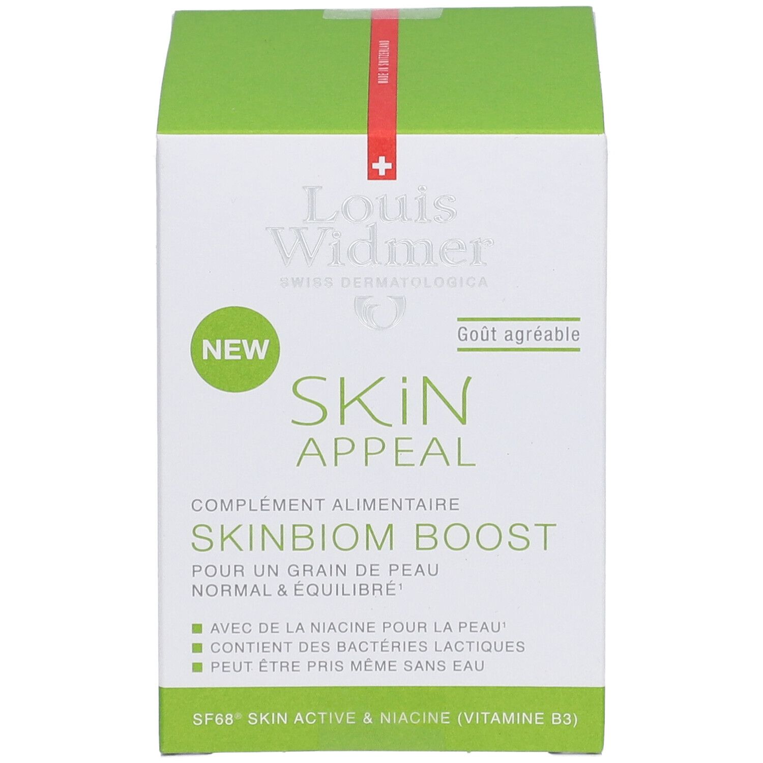 Grüne und weiße Schachtel mit Produktaufdruck. Logo: Louis Widmer. Text: SKIN APPEAL SKINBIOM BOOST. Enthält Niacin und Milchsäurebakterien.