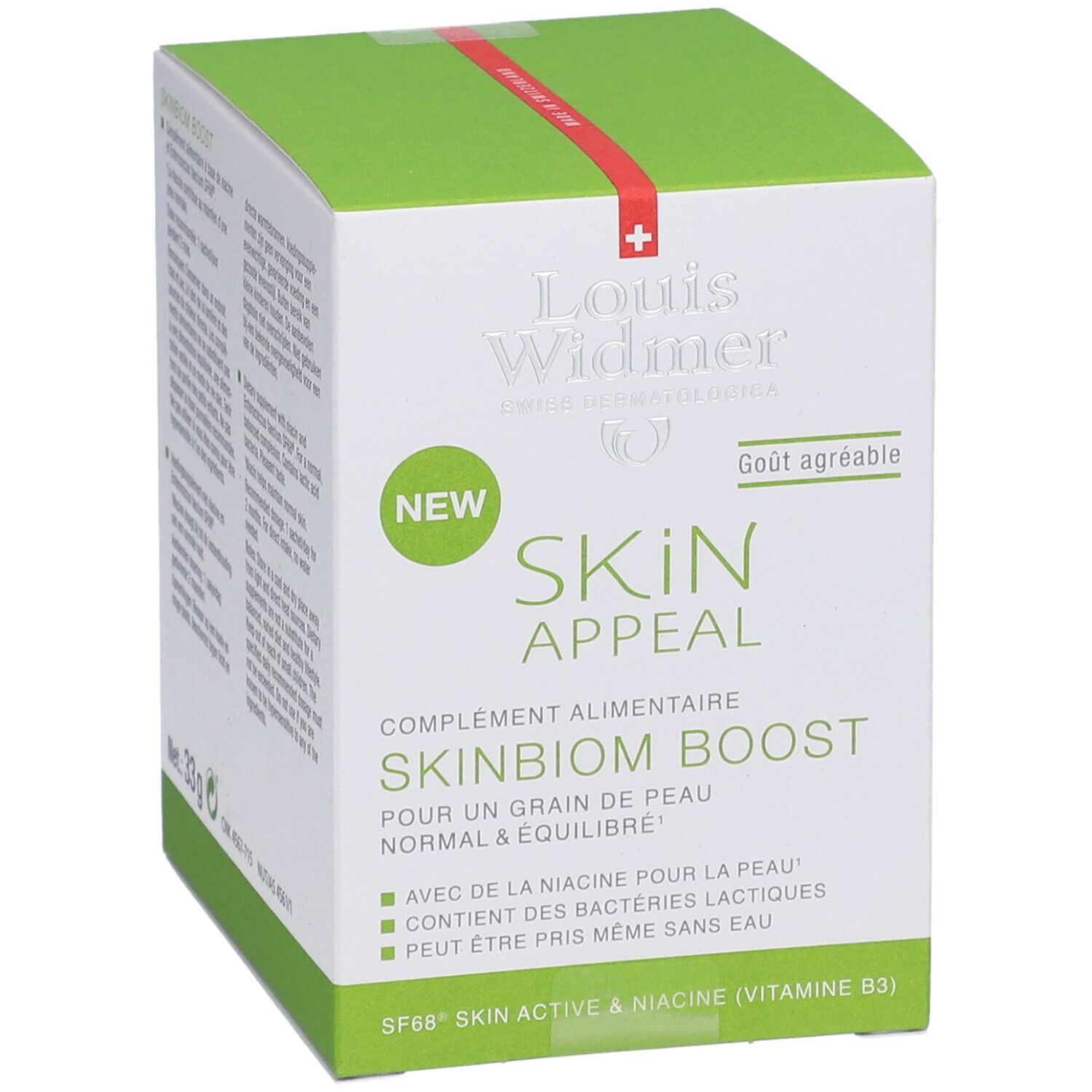 Grüne und weiße Schachtel mit Produktaufdruck. Logo: Louis Widmer. Text: SKIN APPEAL SKINBIOM BOOST. Netto: 33g. Angenehmer Geschmack.