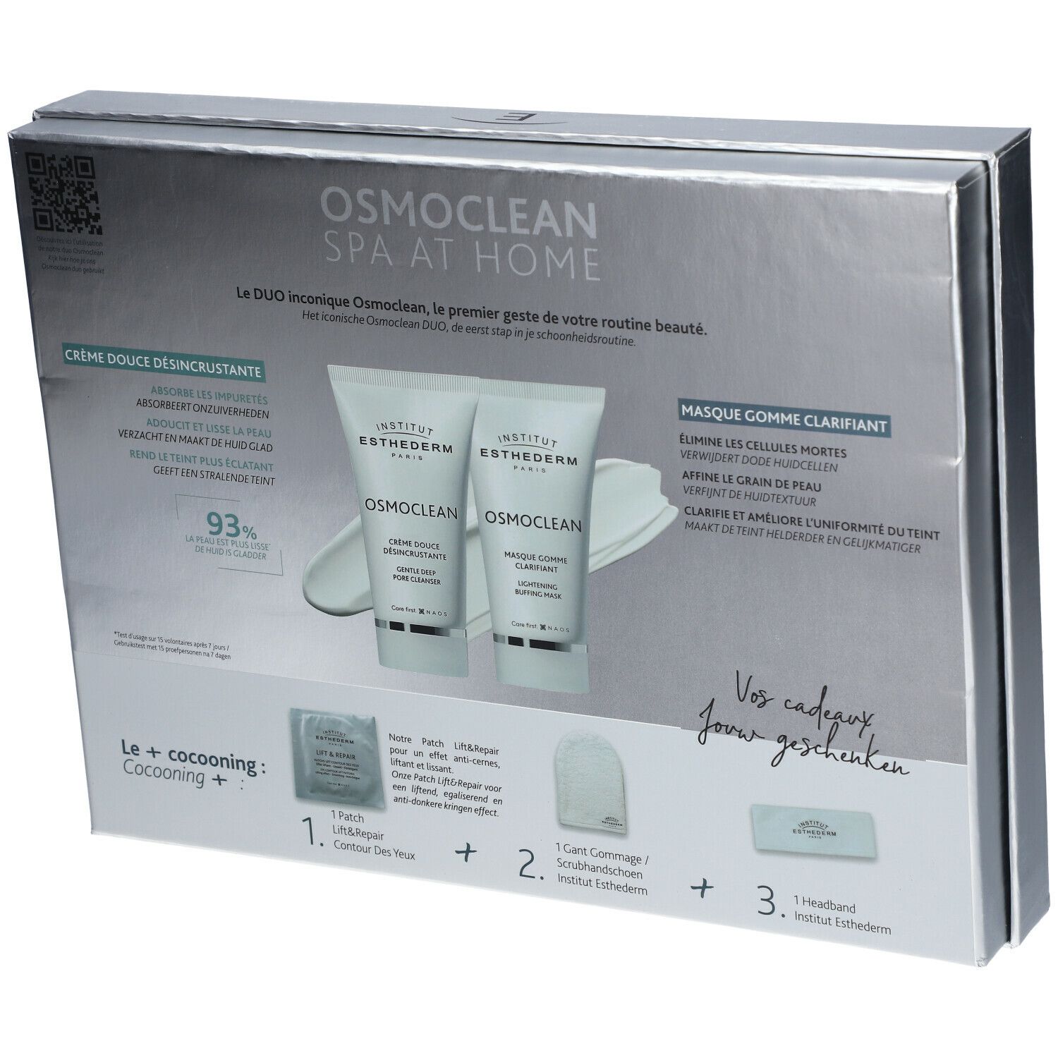 Cadeauset met cosmetica. Merk: Institut Esthederm. Achterkant van de verpakking met productinformatie en tekst.