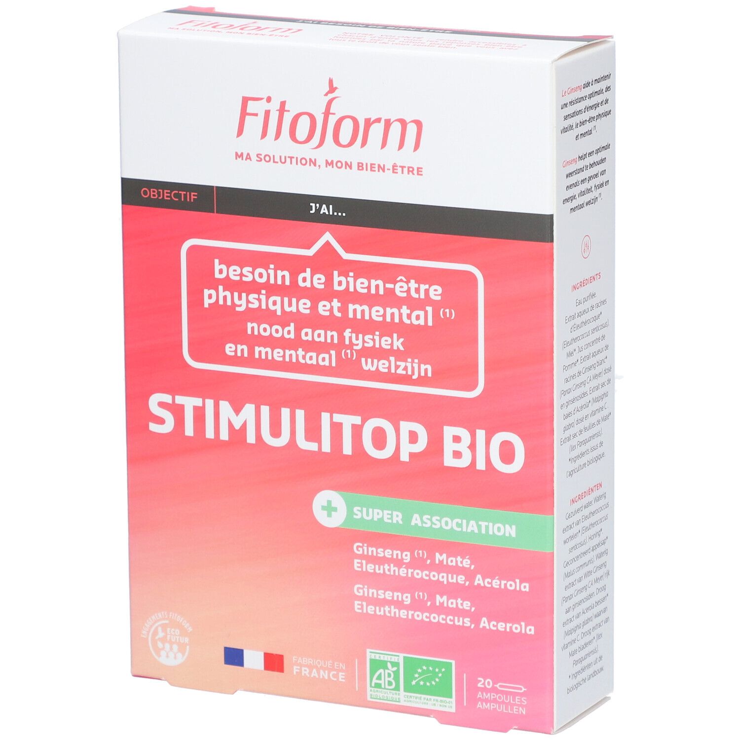 Boîte Fitoform Stimulitop Bio. Design rose et blanc, nom du produit et ingrédients. Labels France et Bio UE.