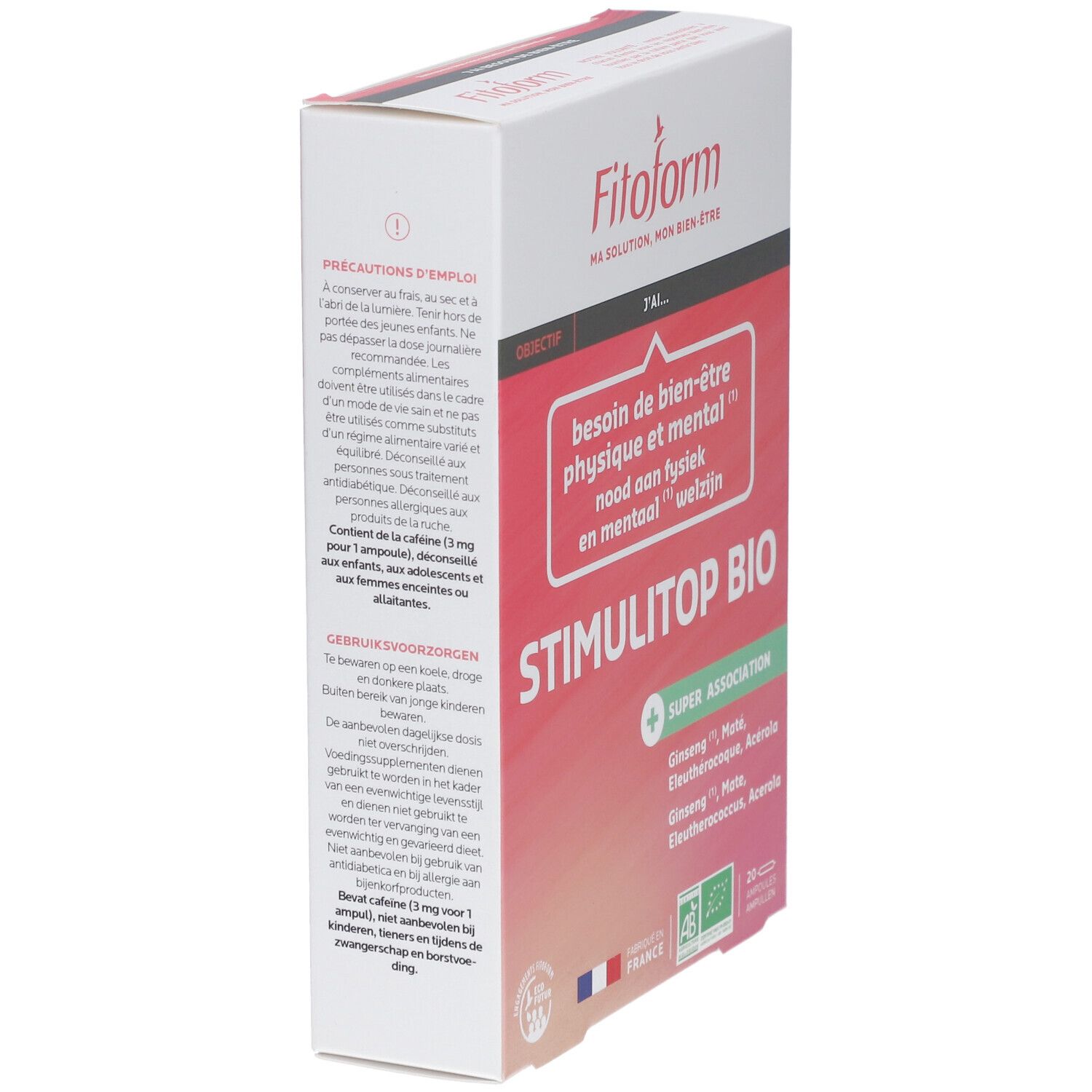 Boîte Fitoform Stimulitop Bio, vue latérale. Texte sur l'utilisation et les ingrédients. Labels France et Bio UE.