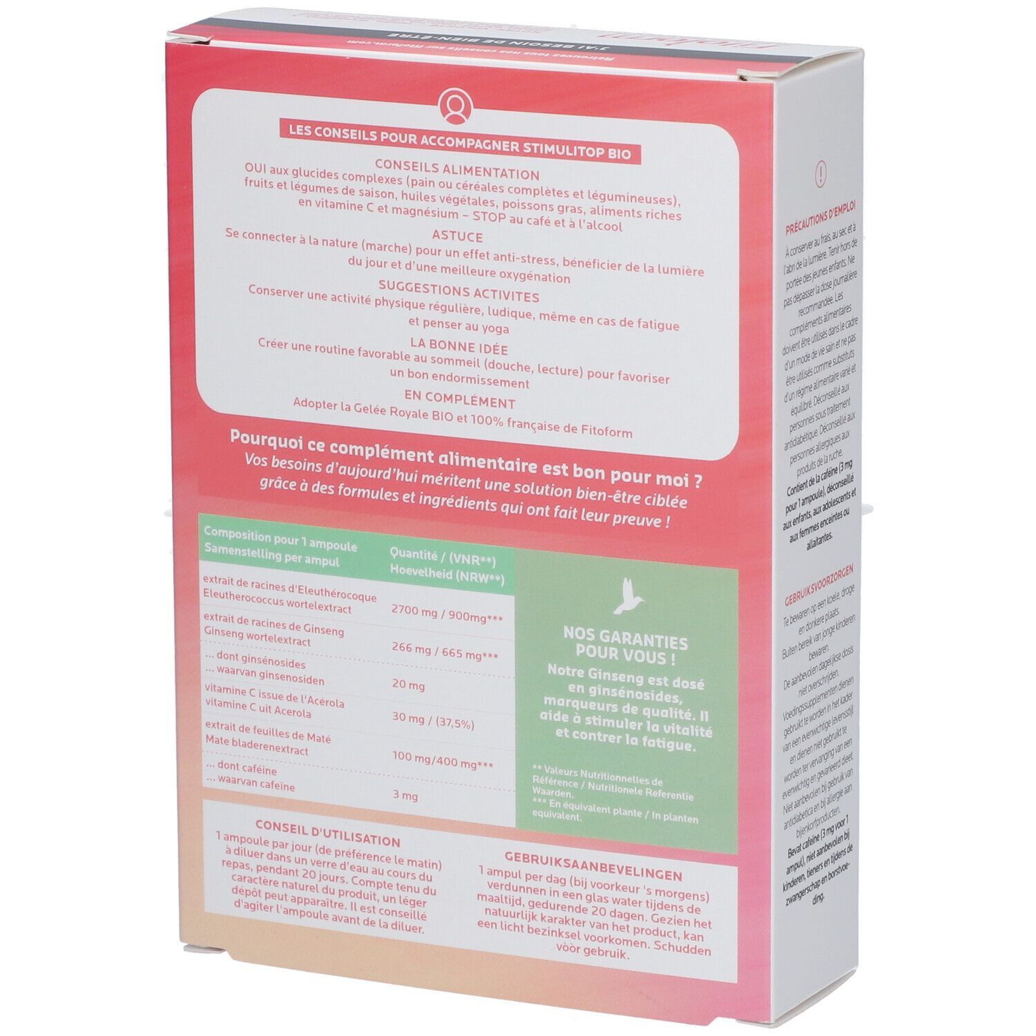 Dos de la boîte Fitoform Stimulitop Bio. Informations sur les ingrédients et l'utilisation. Label Bio UE.