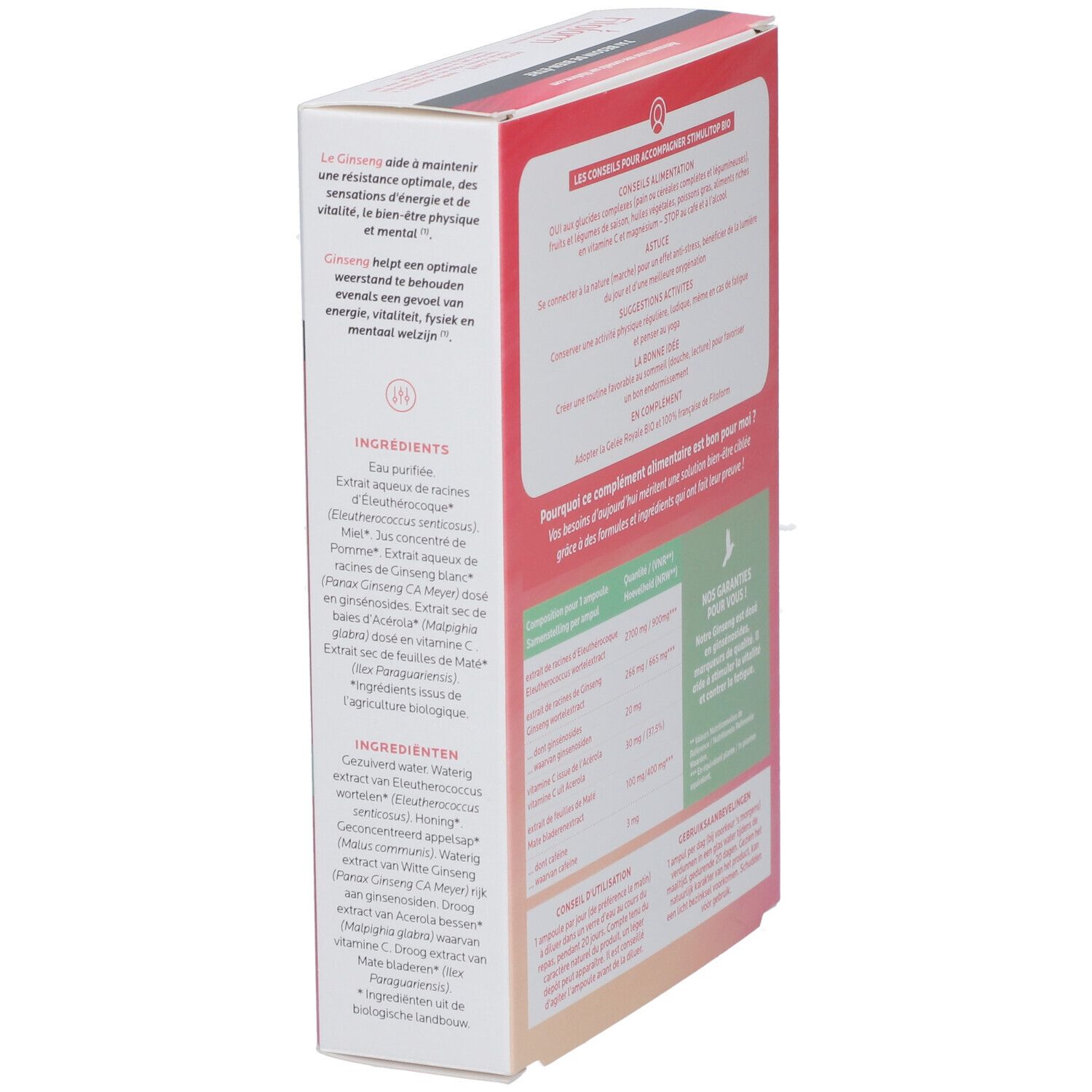 Boîte Fitoform Stimulitop Bio, vue latérale. Informations sur les ingrédients et l'utilisation. Label Bio UE.