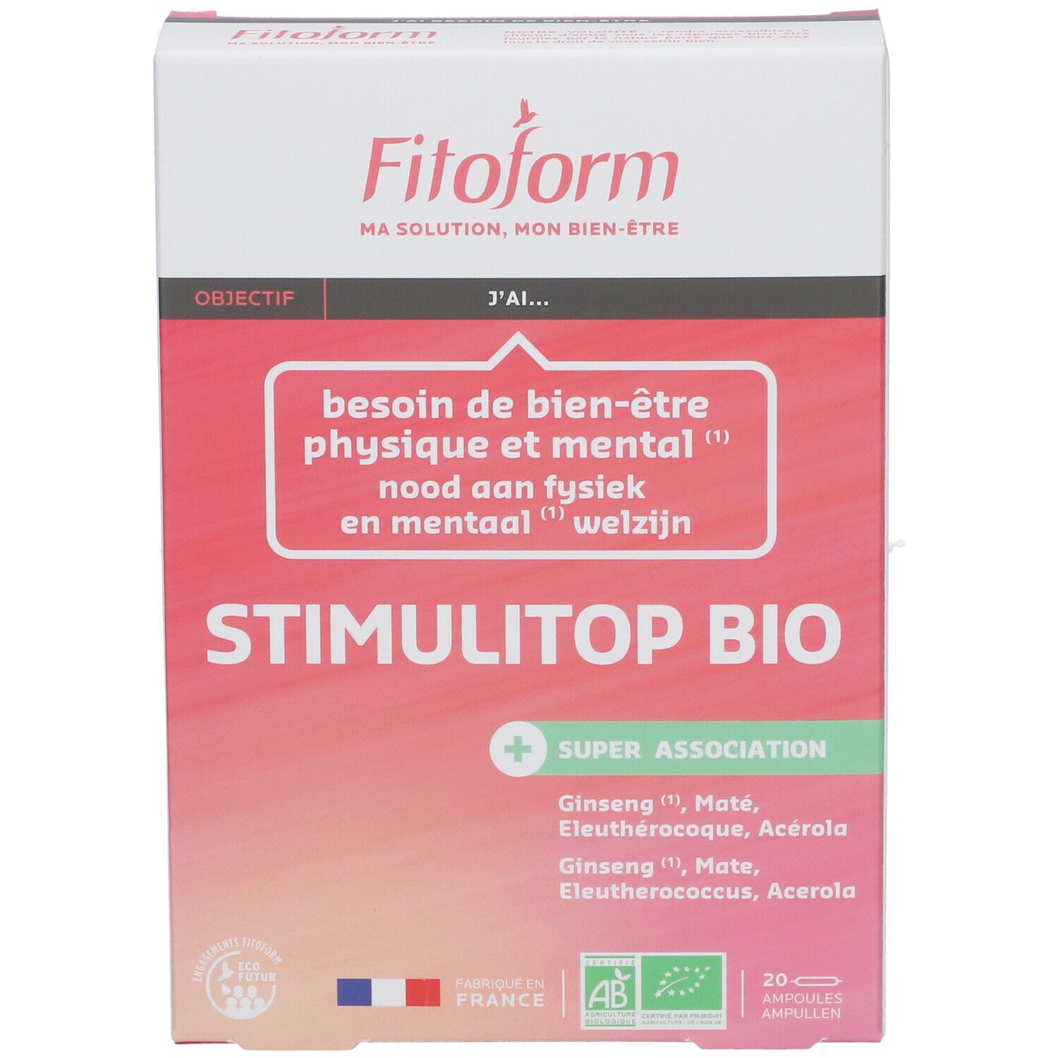 Boîte Fitoform Stimulitop Bio. Design rose et blanc, nom du produit et ingrédients. Labels France et Bio UE.