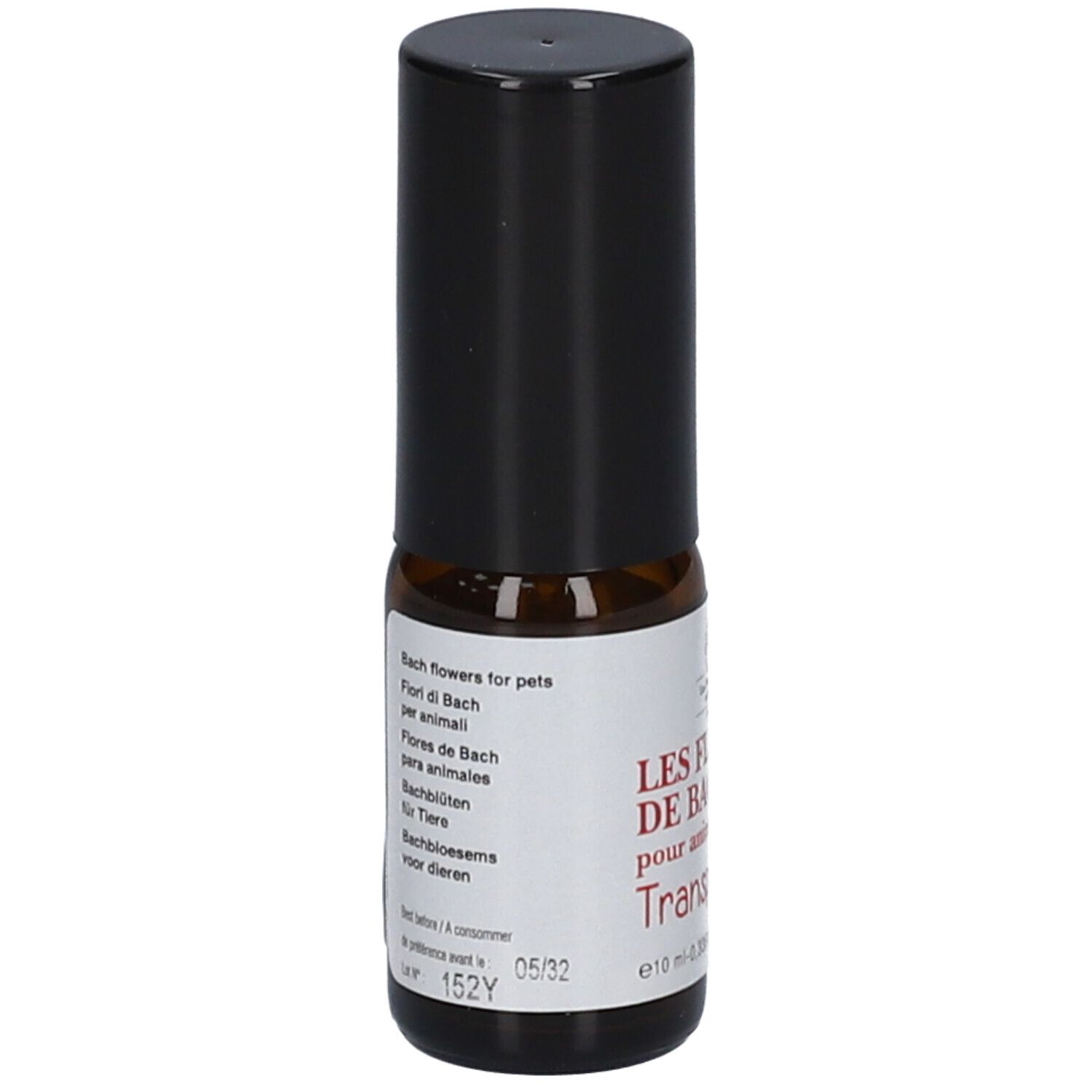 Braune Glasflasche mit schwarzem Deckel. Aufschrift: Les Fleurs de Bach pour animaux Transport. Etikett mit Text in mehreren Sprachen.