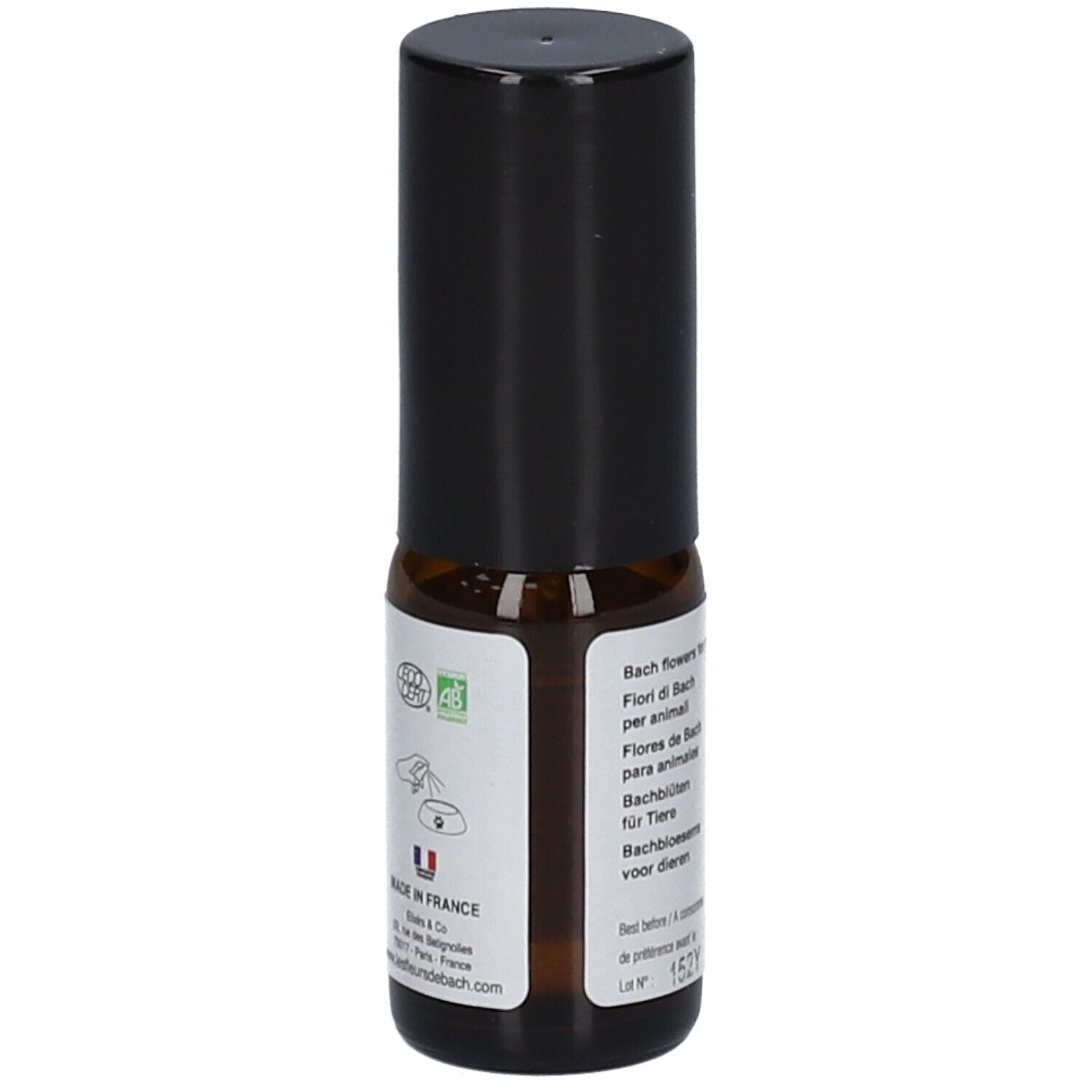 Braune Glasflasche mit schwarzem Deckel. Aufschrift: Les Fleurs de Bach pour animaux Transport. Etikett mit Text in mehreren Sprachen.