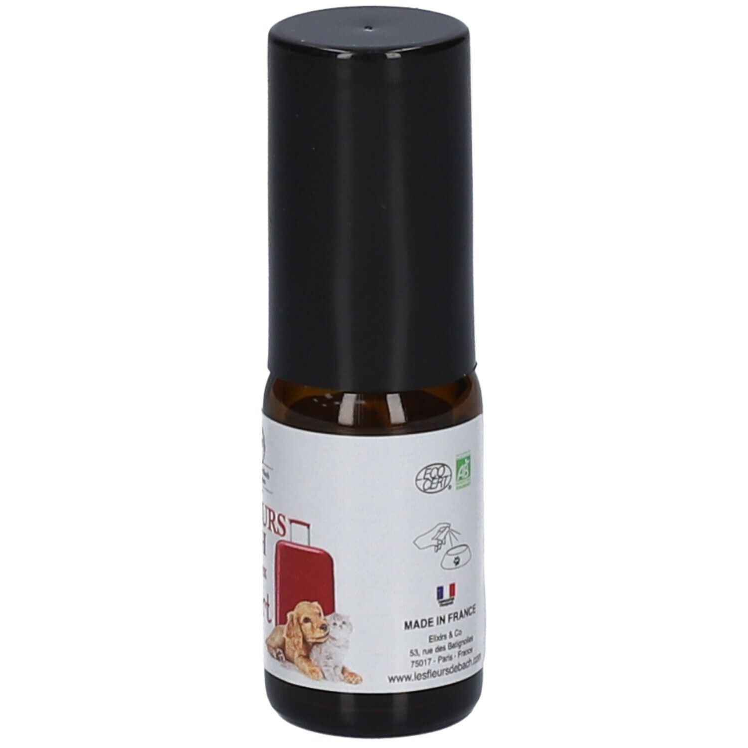 Braune Glasflasche mit schwarzem Deckel. Aufschrift: Les Fleurs de Bach pour animaux Transport. Etikett mit Hund und Katze.