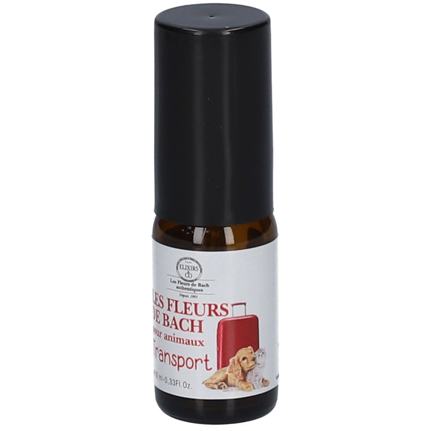 Braune Glasflasche mit schwarzem Deckel. Aufschrift: Les Fleurs de Bach pour animaux Transport. Etikett mit Hund und Katze.