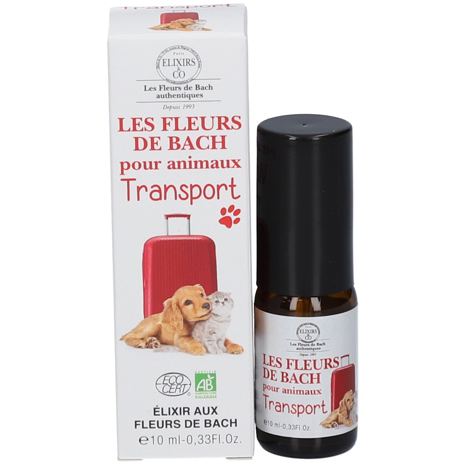 Braune Glasflasche mit schwarzem Deckel und Verpackung. Aufschrift: Les Fleurs de Bach pour animaux Transport. Mit Hund und Katze.