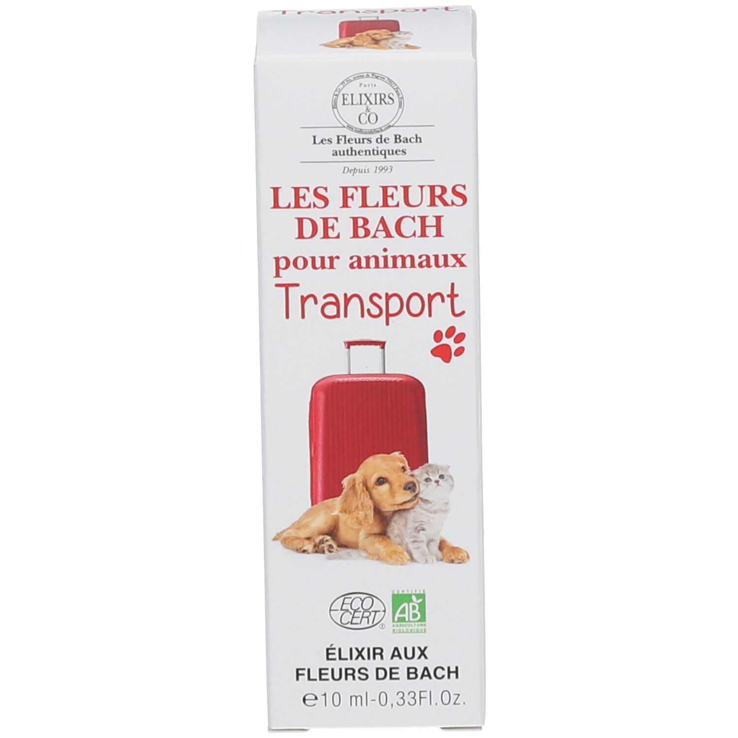 Weiße Verpackung mit Aufschrift: Les Fleurs de Bach pour animaux Transport. Mit Hund, Katze und Koffer. Mit Logo.