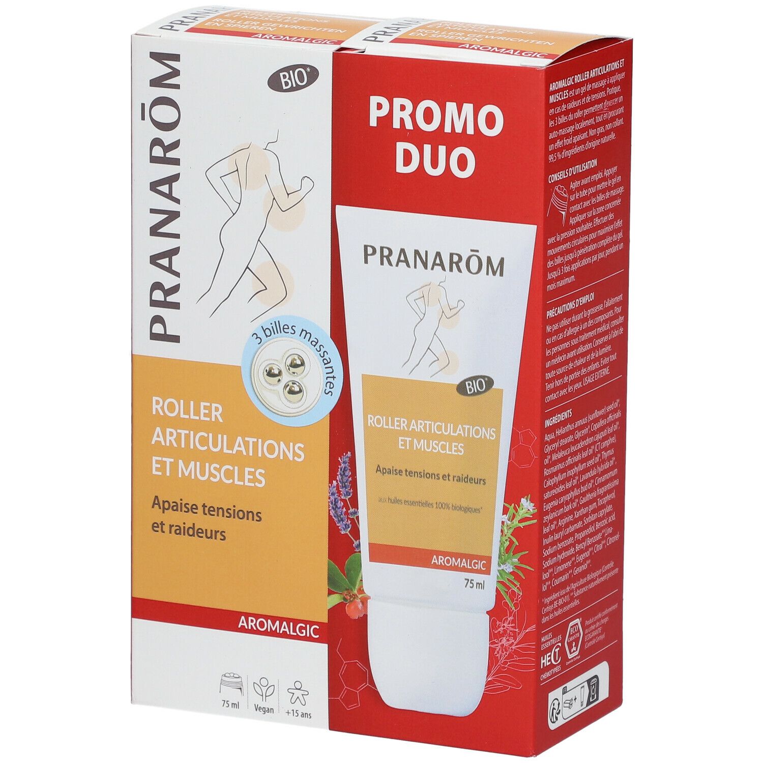 PRANAROM Roller, pack Duo. Tube à 3 billes massantes, 75 ml. Emballage avec illustration et texte. Certification Bio.