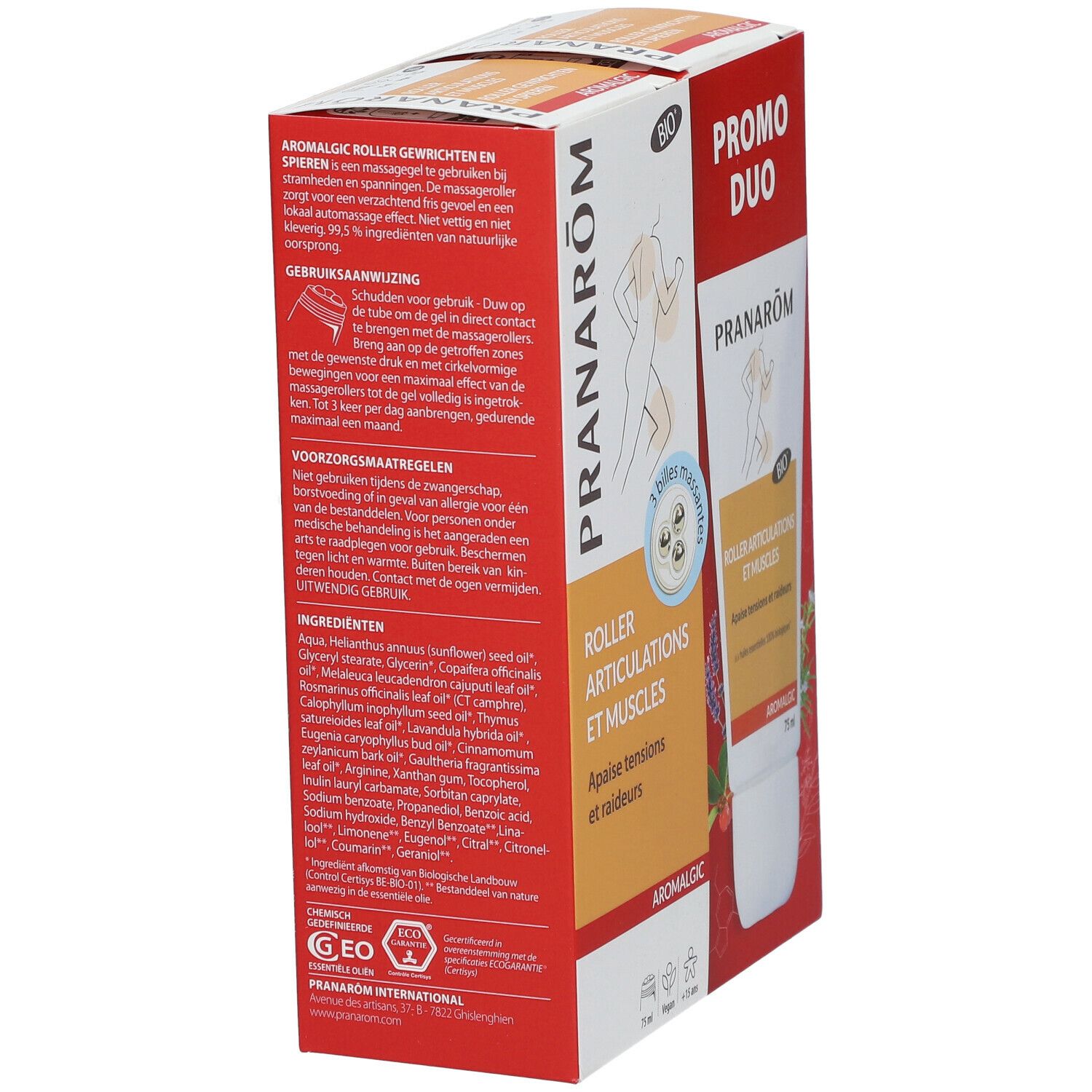 PRANAROM Roller, pack Duo. Tube à 3 billes massantes, 75 ml. Emballage avec illustration et texte. Certification Bio.